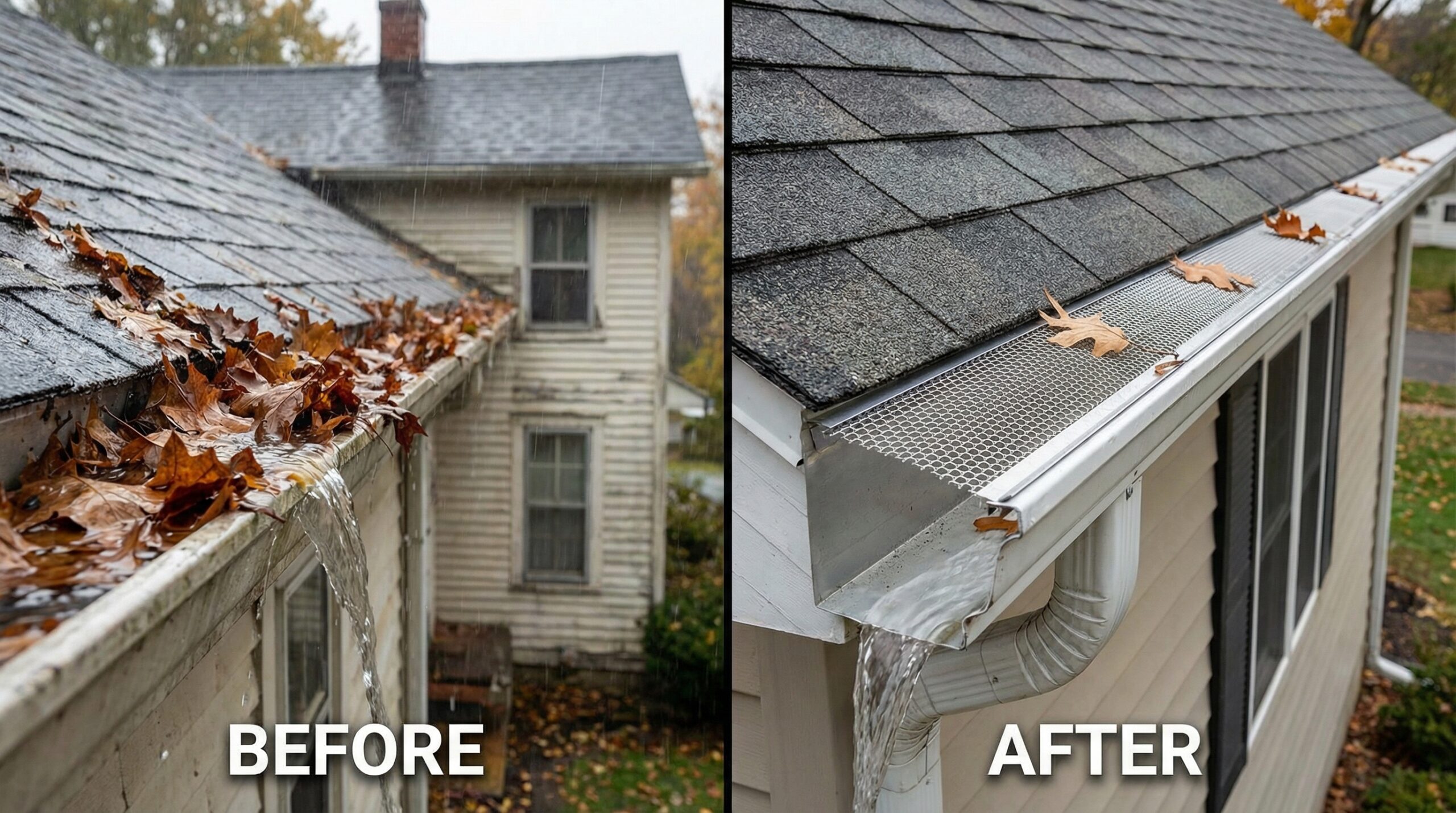Before and after comparison showing gutters with and without guards during heavy leaf season