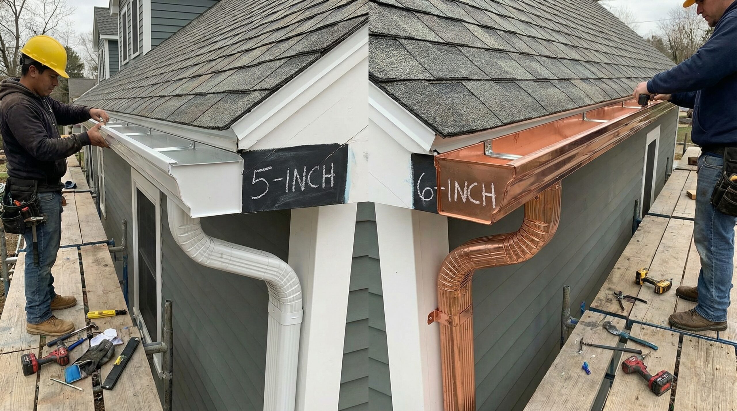 Side-by-side comparison of 5-inch and 6-inch gutter installation