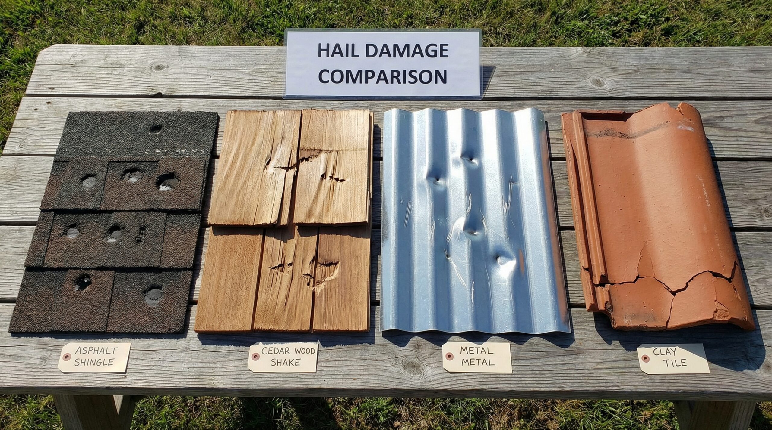 Comparison showing hail damage on different roofing materials - asphalt, wood, metal, and tile samples side by side