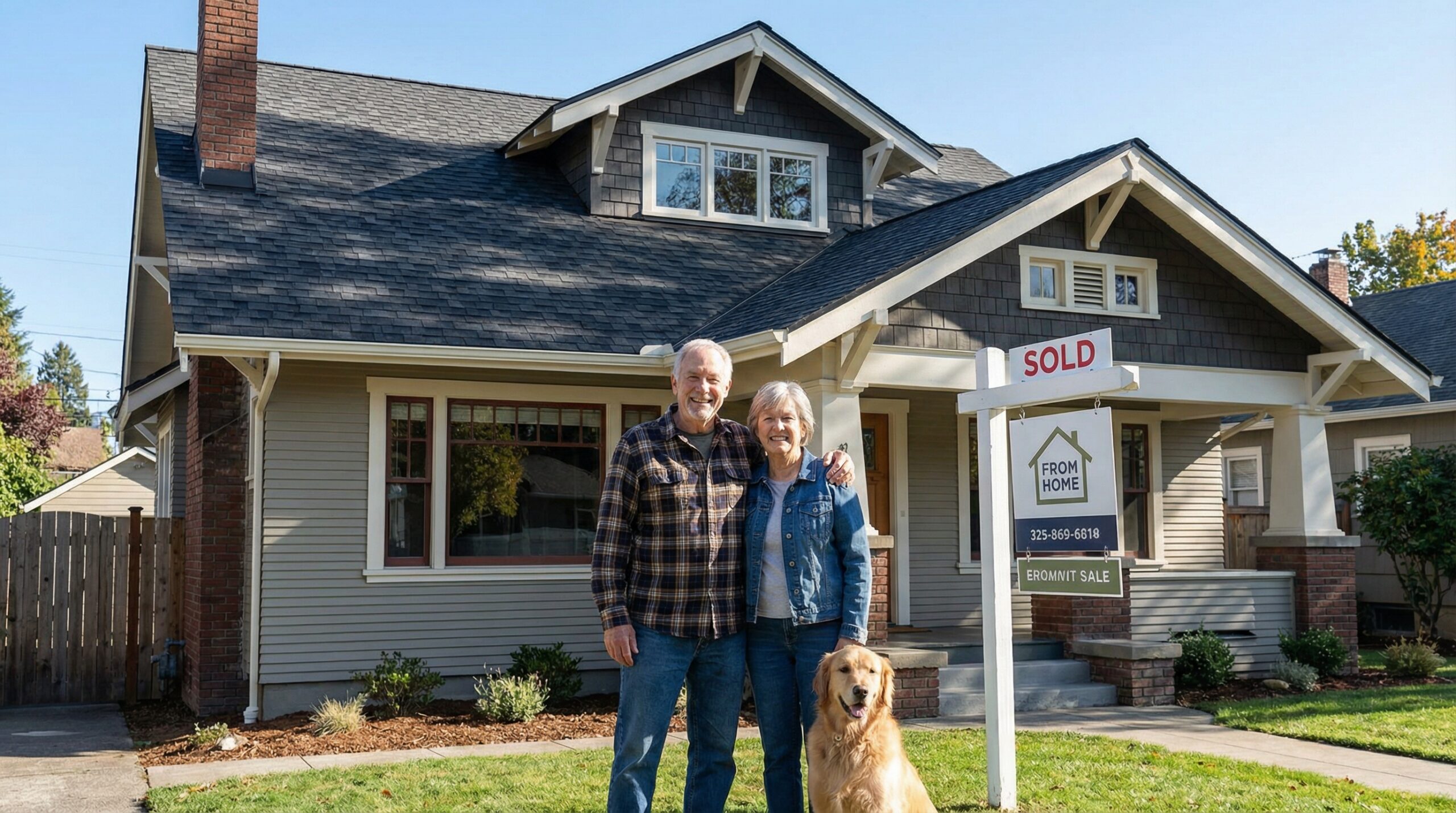 Rocky River homeowner standing in front of newly completed roof by Peak and Valley Roofing
