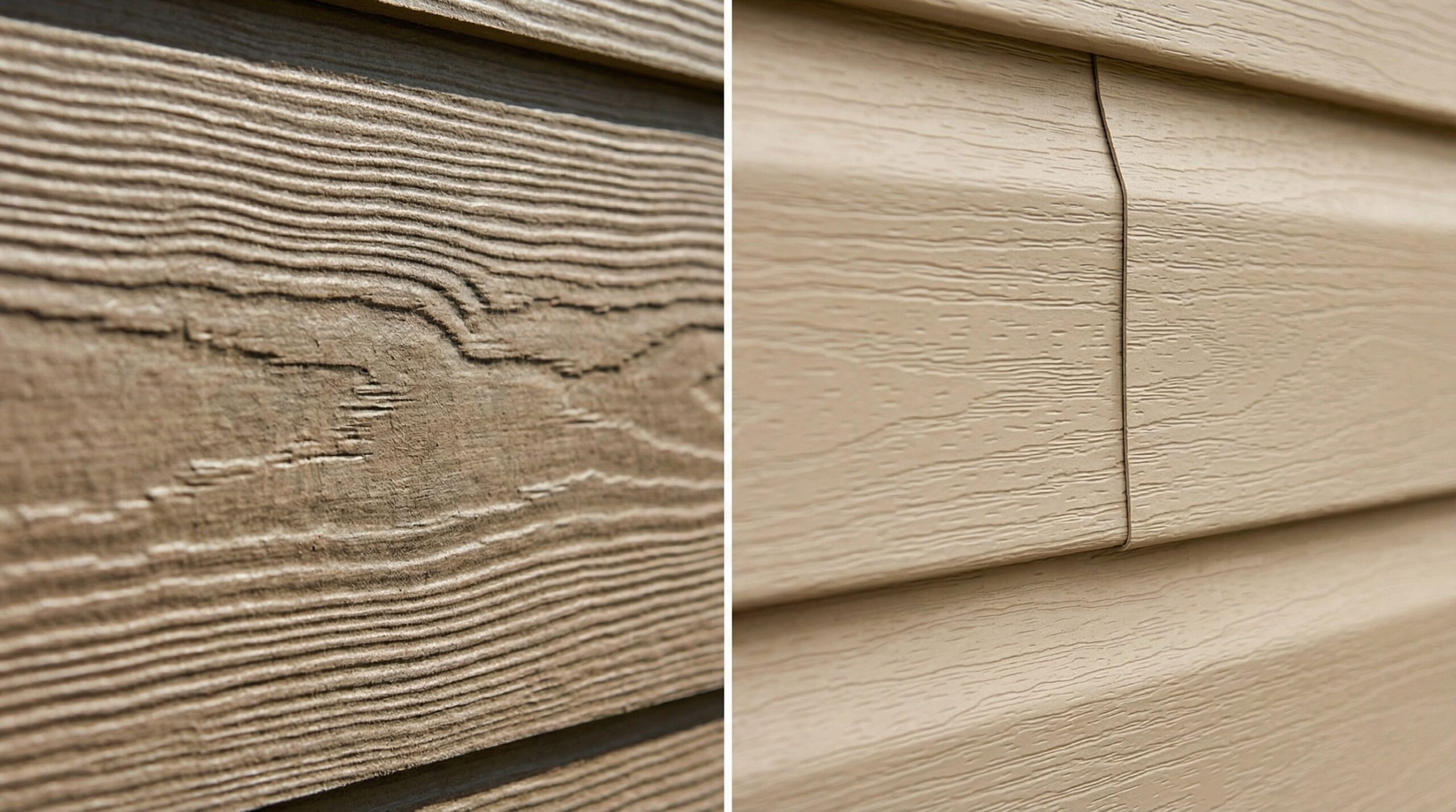 Close-up comparison showing Hardie Board texture versus vinyl siding grain pattern