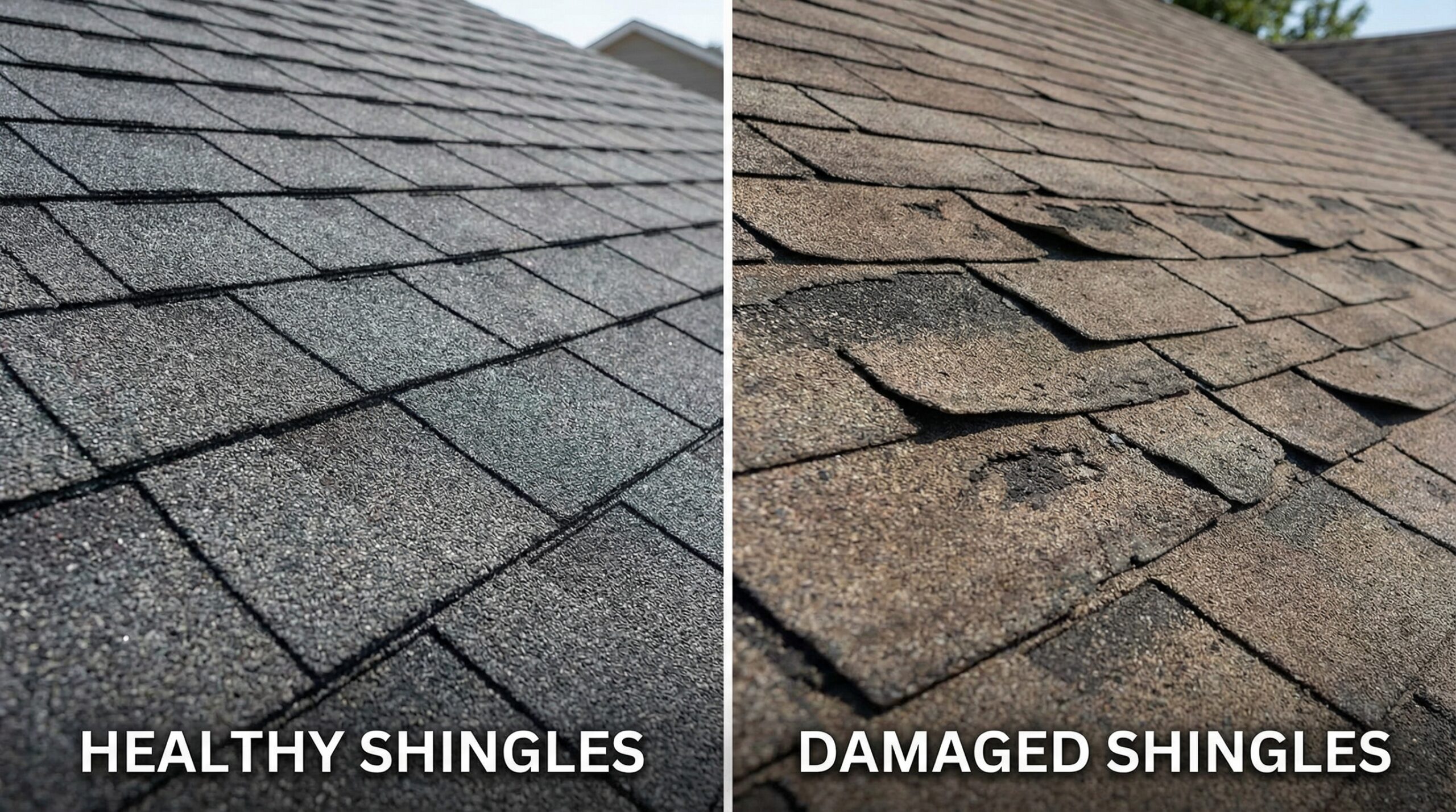 Split comparison showing healthy roof shingles versus damaged shingles with granule loss and curling
