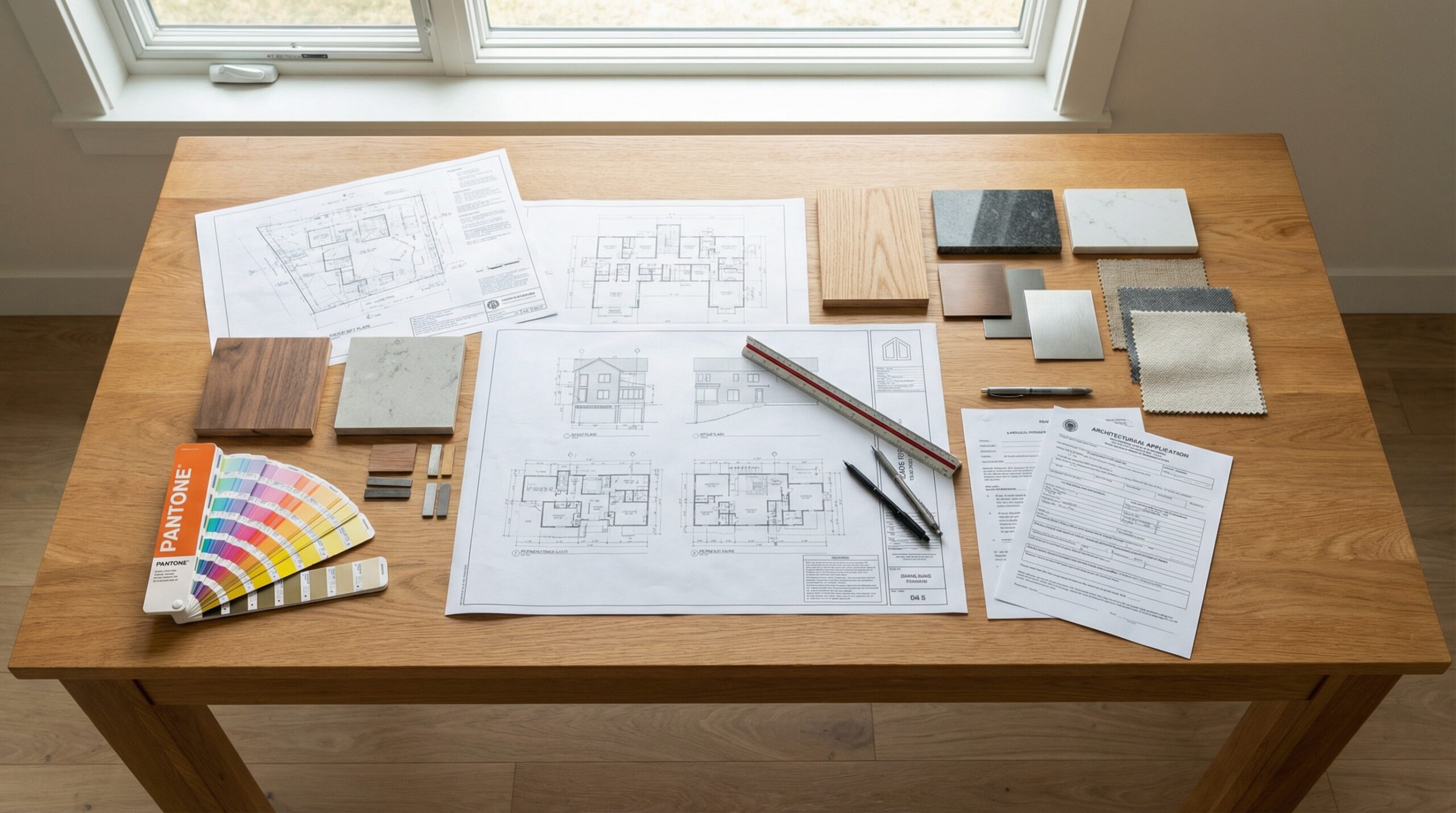 HOA application documents and material samples laid out on a table