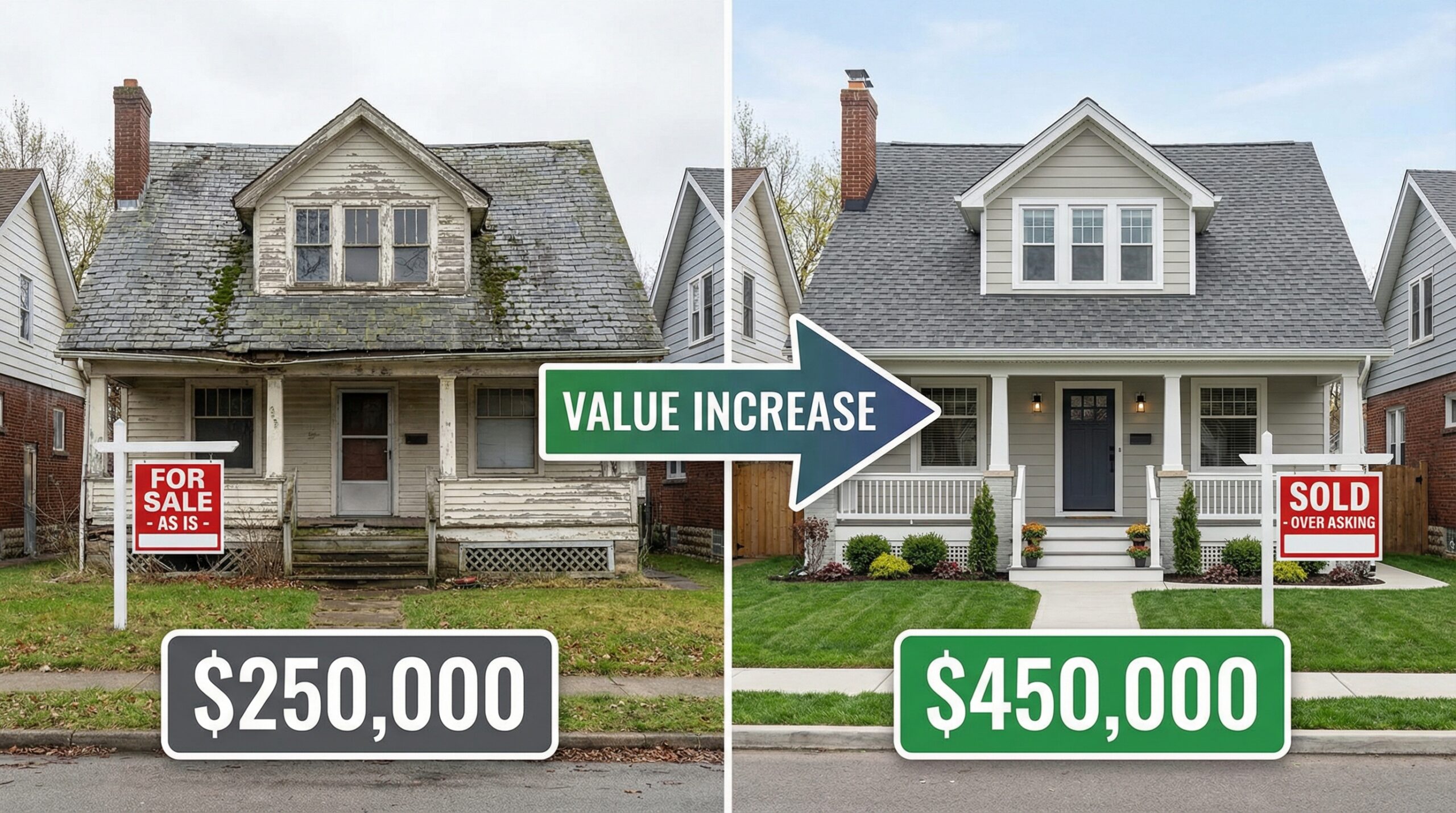 Before and after comparison showing home value transformation with new roof