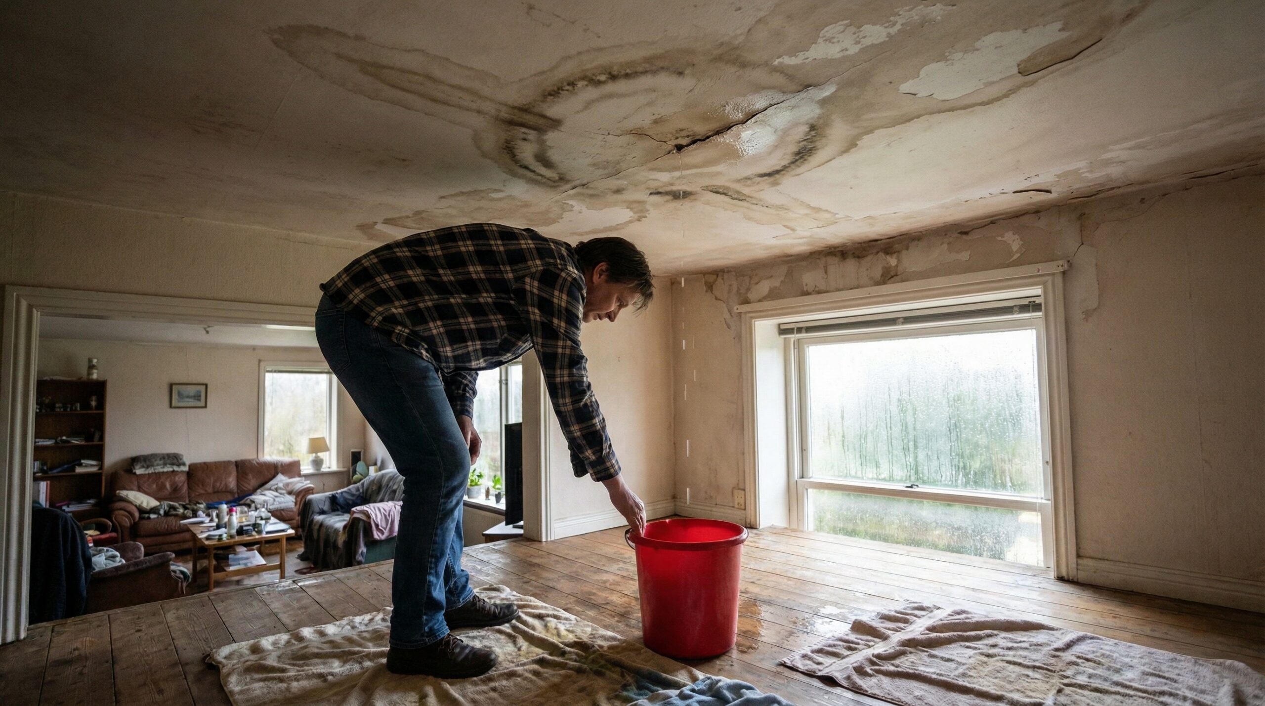 Homeowner placing bucket under roof leak with water damage visible