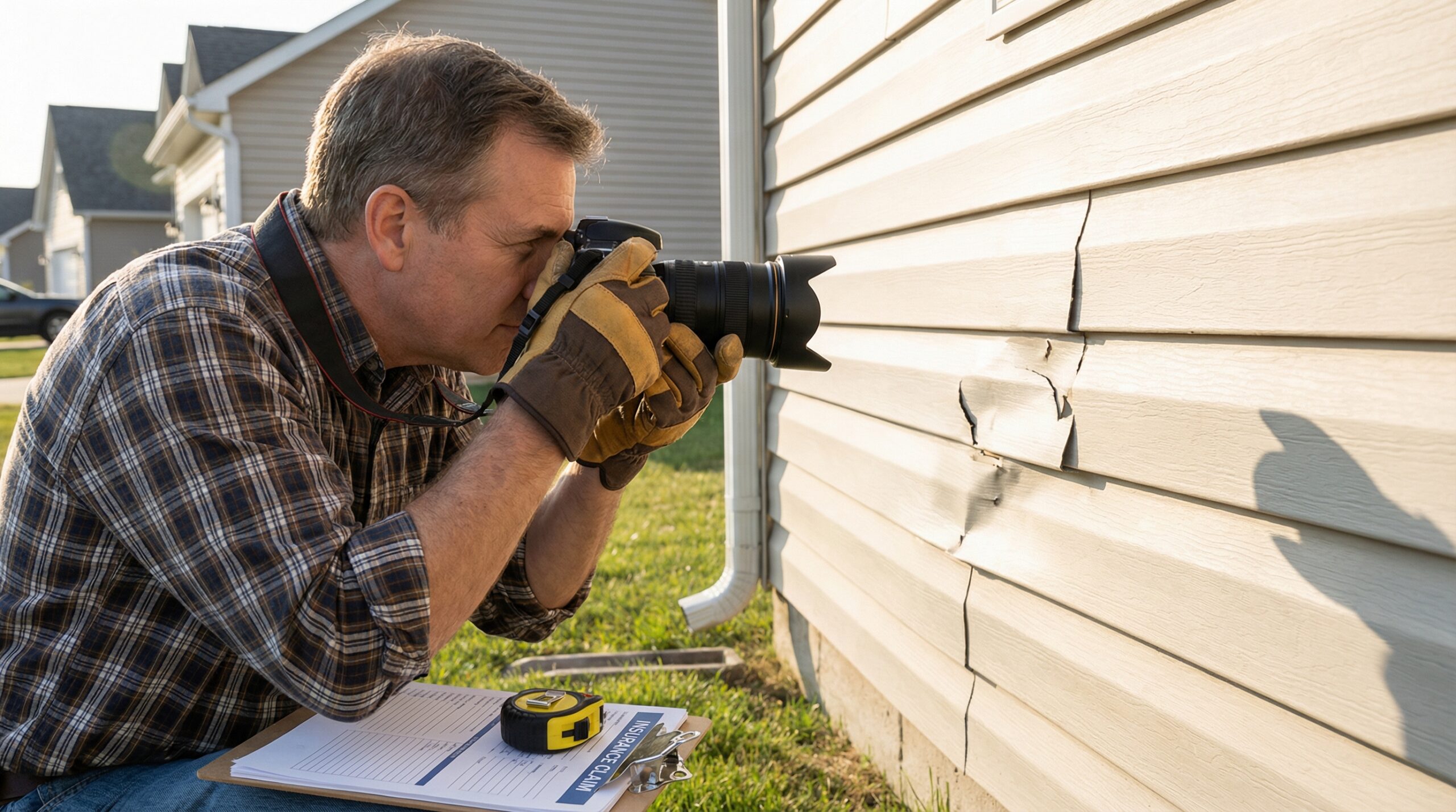 Homeowner documenting siding damage with camera