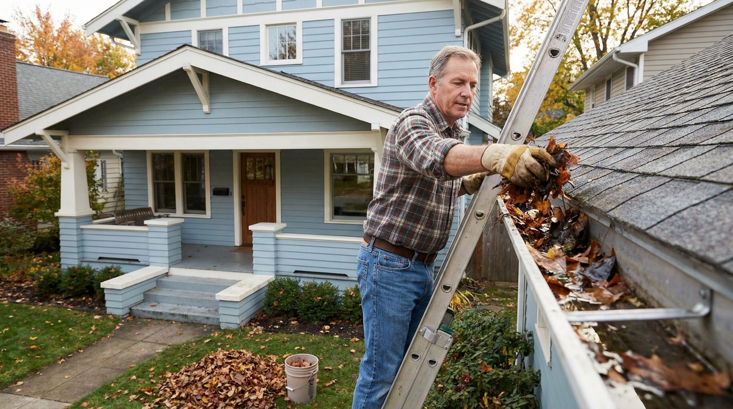 Homeowner cleaning gutters showing maintenance difference