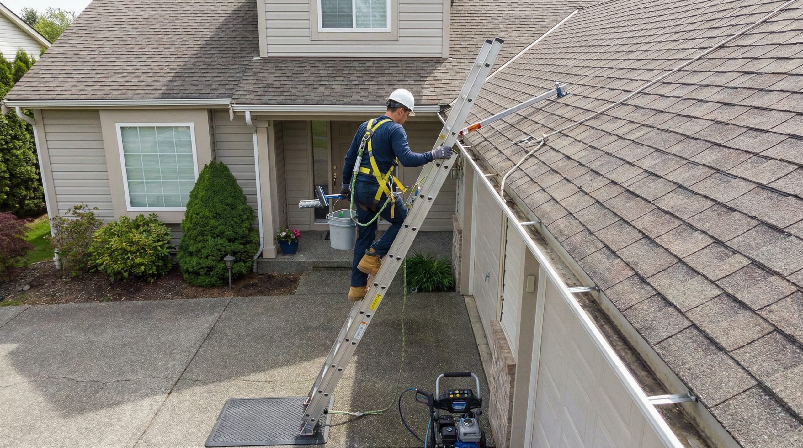 Homeowner safely using ladder with proper safety equipment for roof cleaning