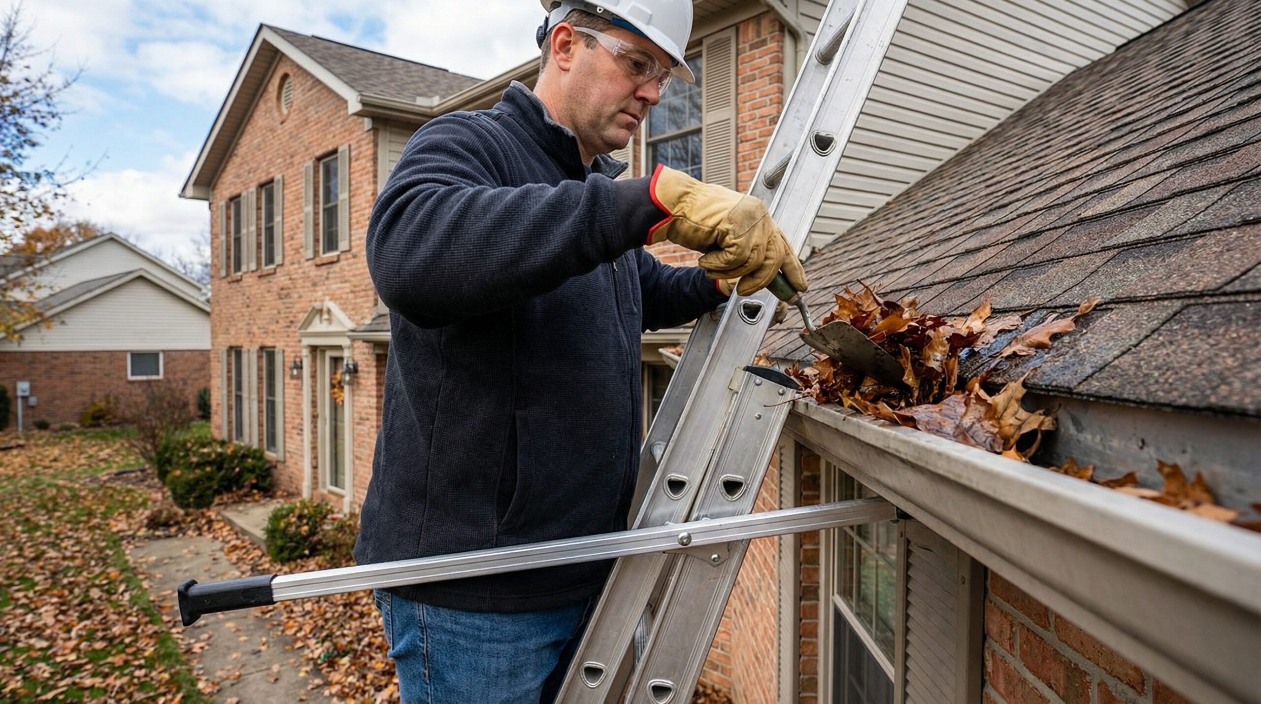 Homeowner safely cleaning gutters from ladder
