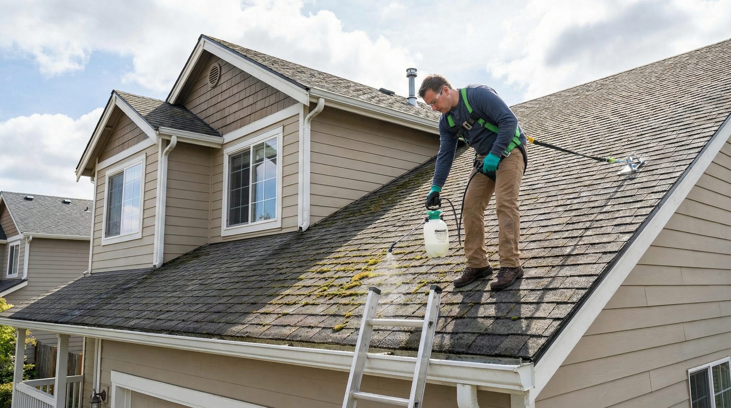 Homeowner safely applying moss treatment with pump sprayer on roof