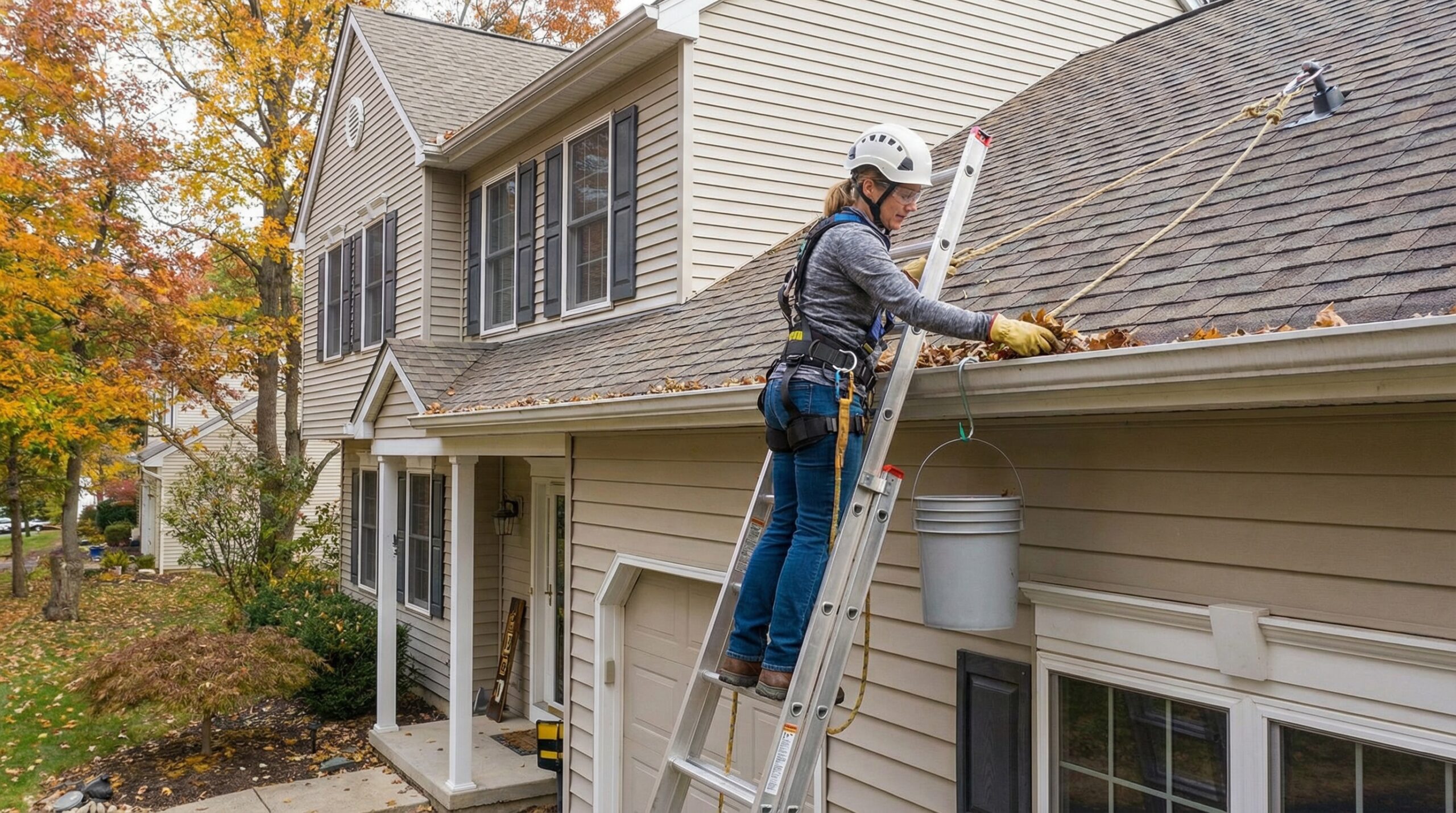 Homeowner safely cleaning gutters with proper ladder setup and safety equipment