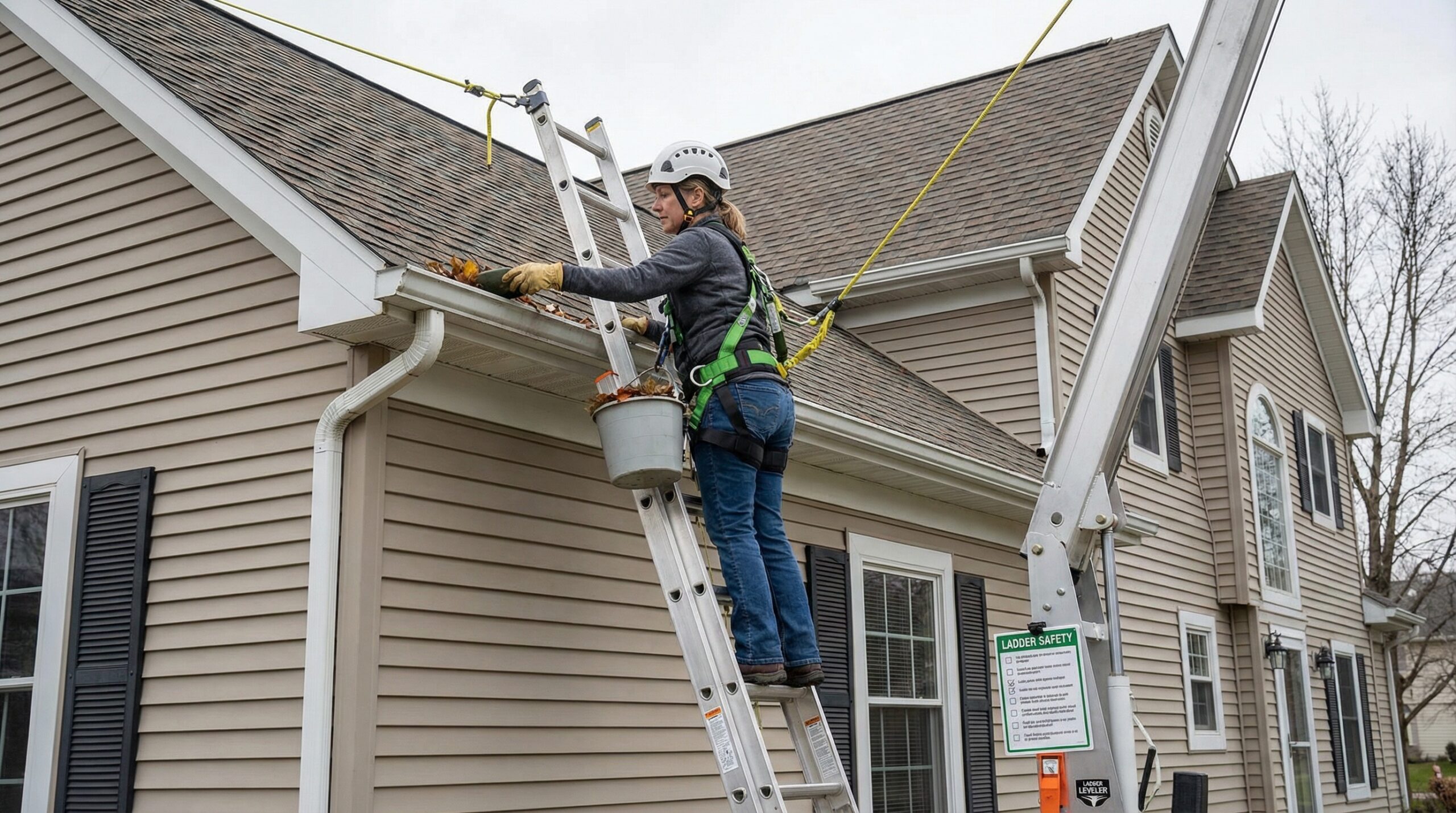 Homeowner safely cleaning gutters with proper ladder safety equipment