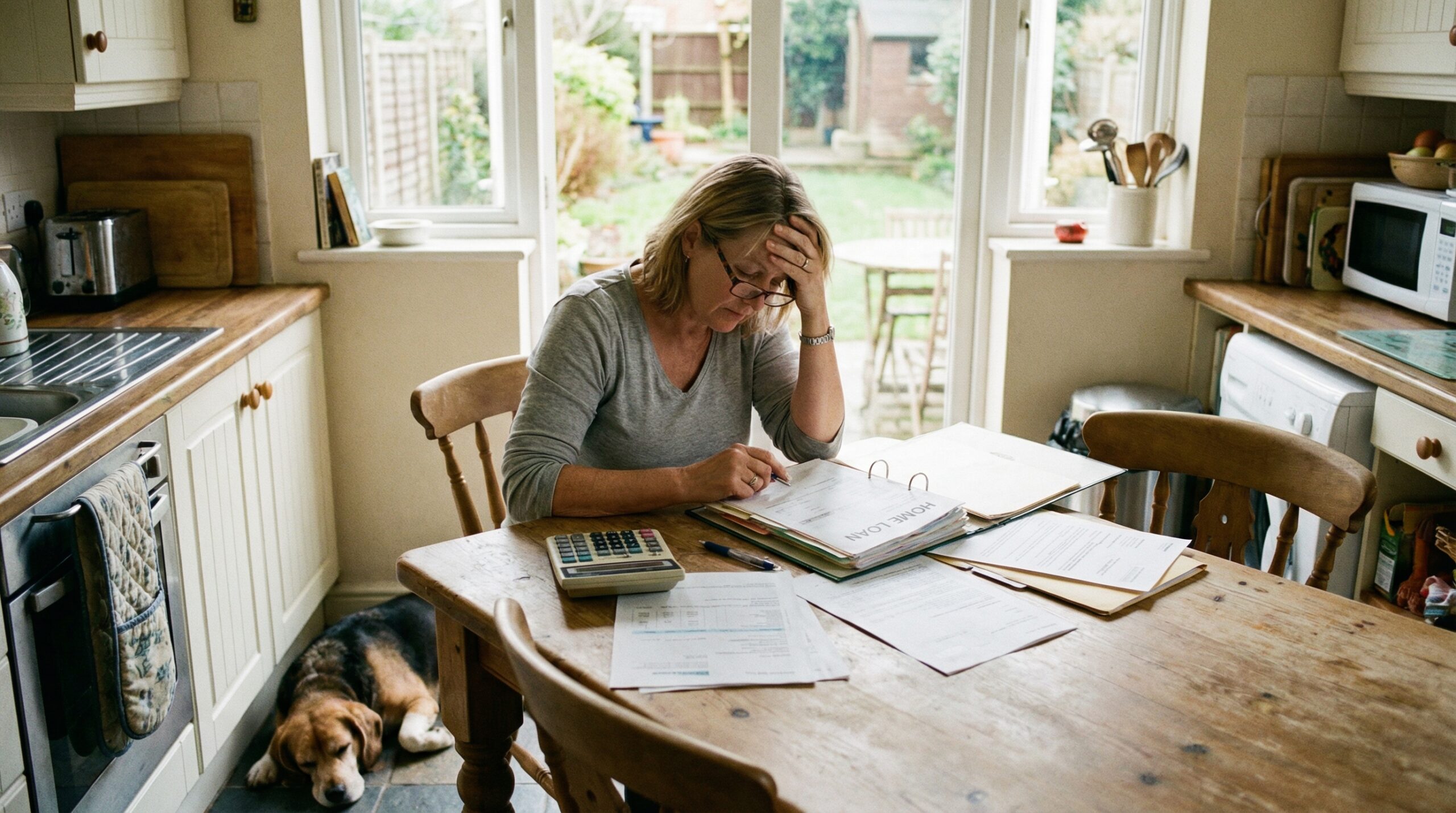 Homeowner reviewing financing documents at kitchen table