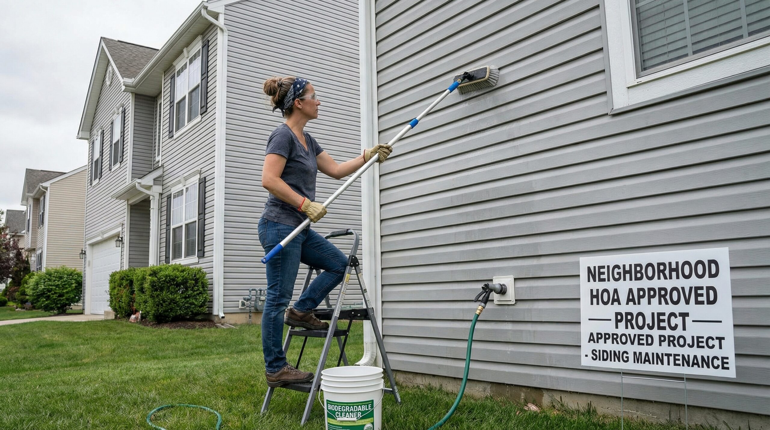 homeowner performing approved siding maintenance with proper cleaning techniques