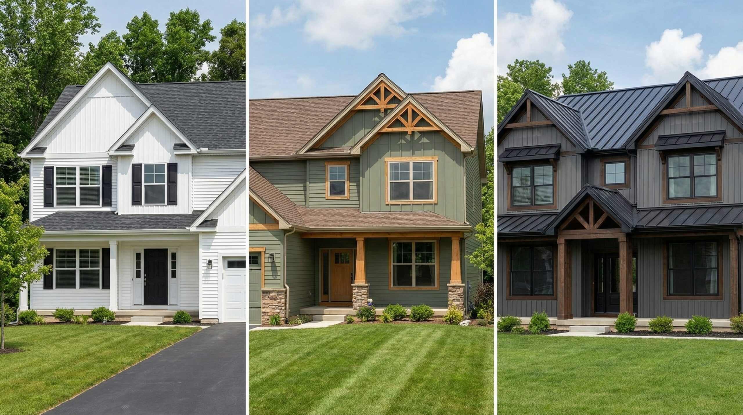 side by side comparison of homes featuring arctic white, mountain sage, and iron gray siding colors