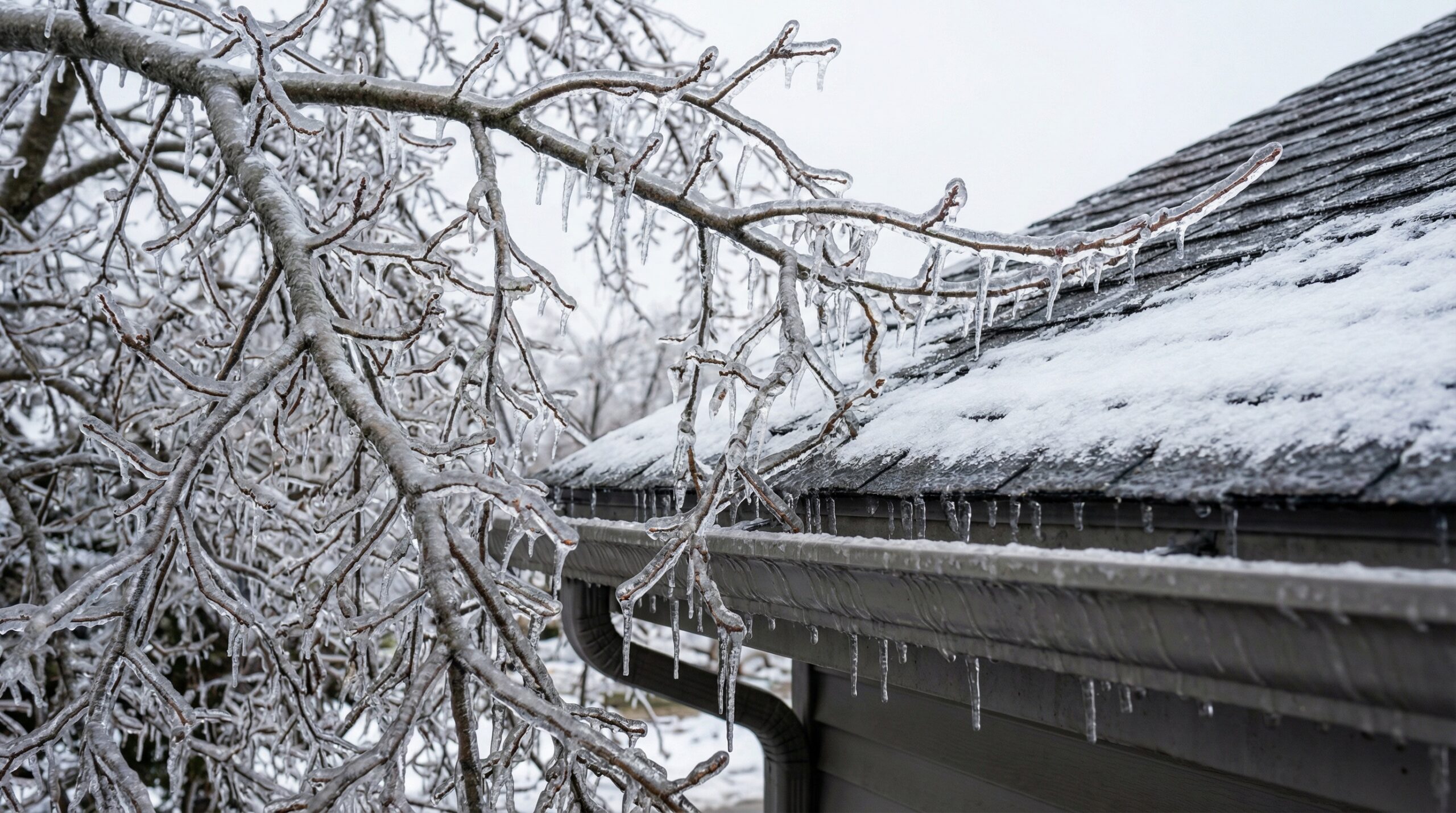 Close-up view of ice-covered tree branches weighing down near a roof edge