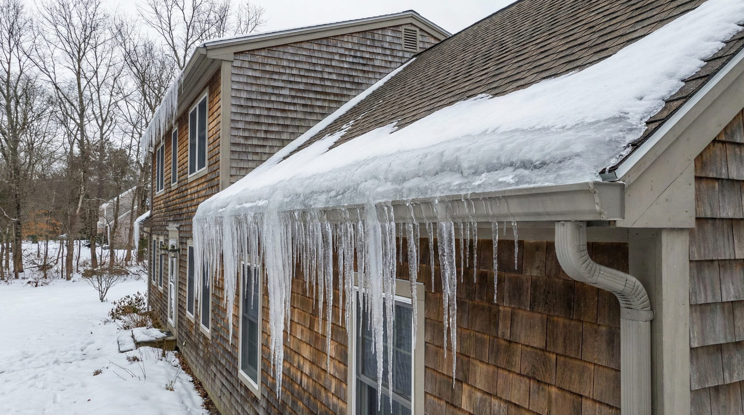 Ice dam formation on gutter in Aston