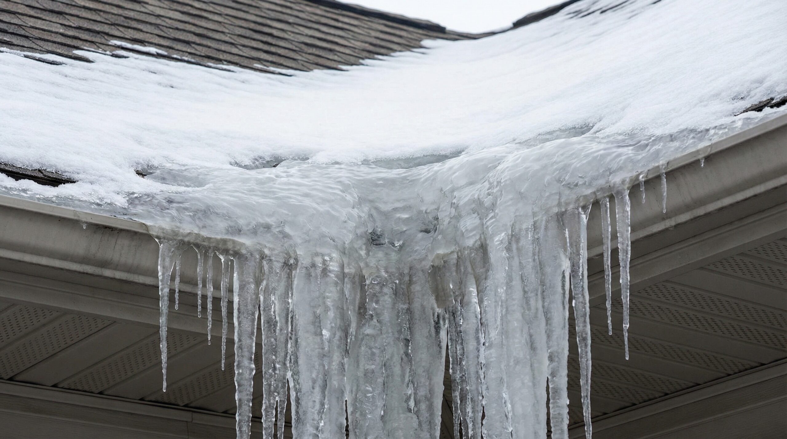 Close-up of ice dam formation on Northeast Ohio roof edge