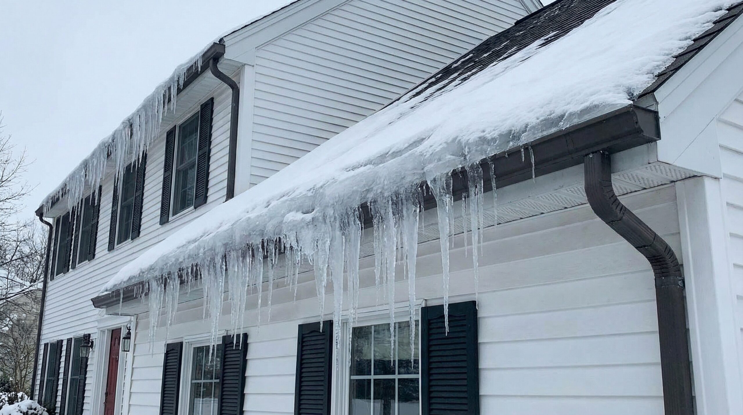 Ice dam formation on roof edge of Northeast Ohio home