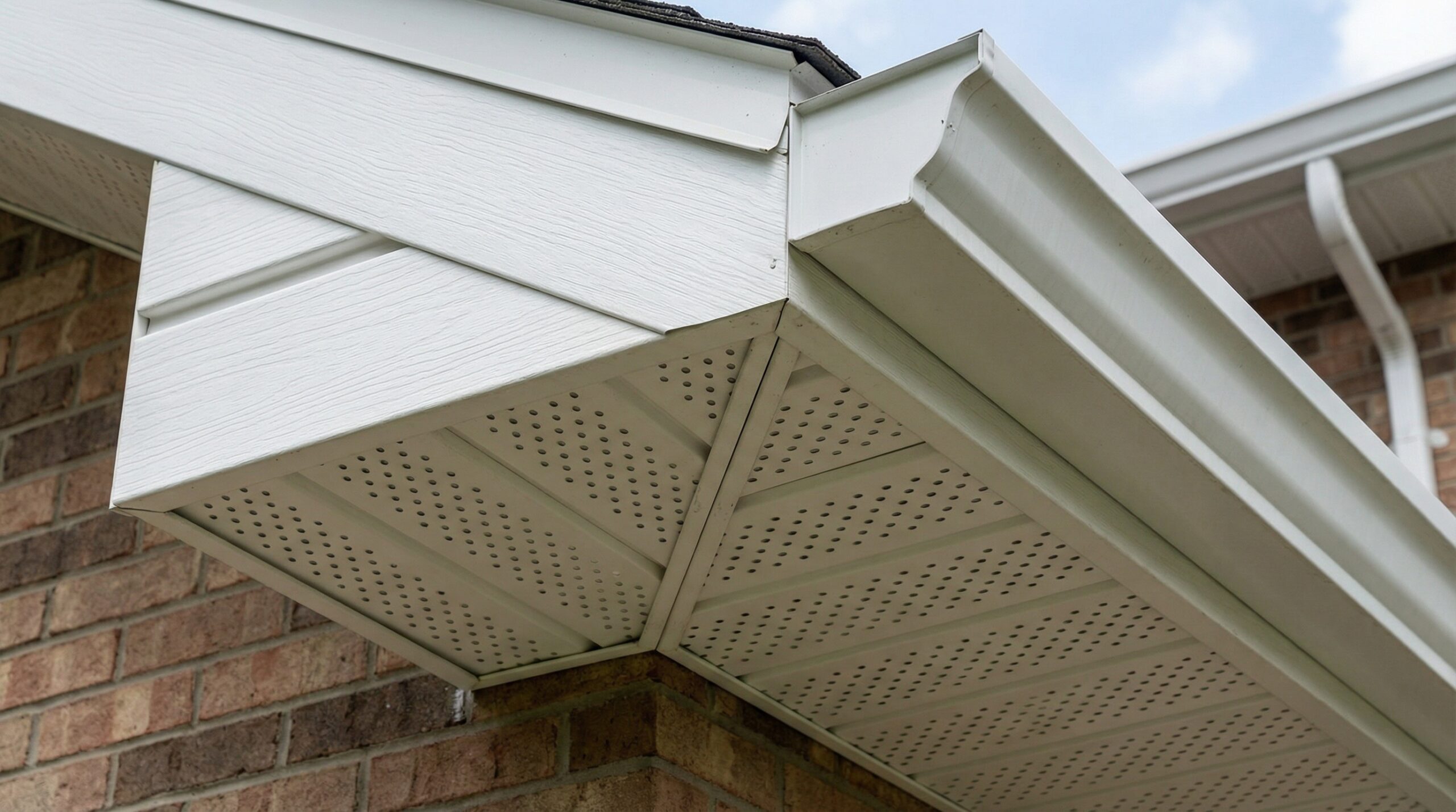 Close-up view of properly installed soffit and fascia with ventilation holes