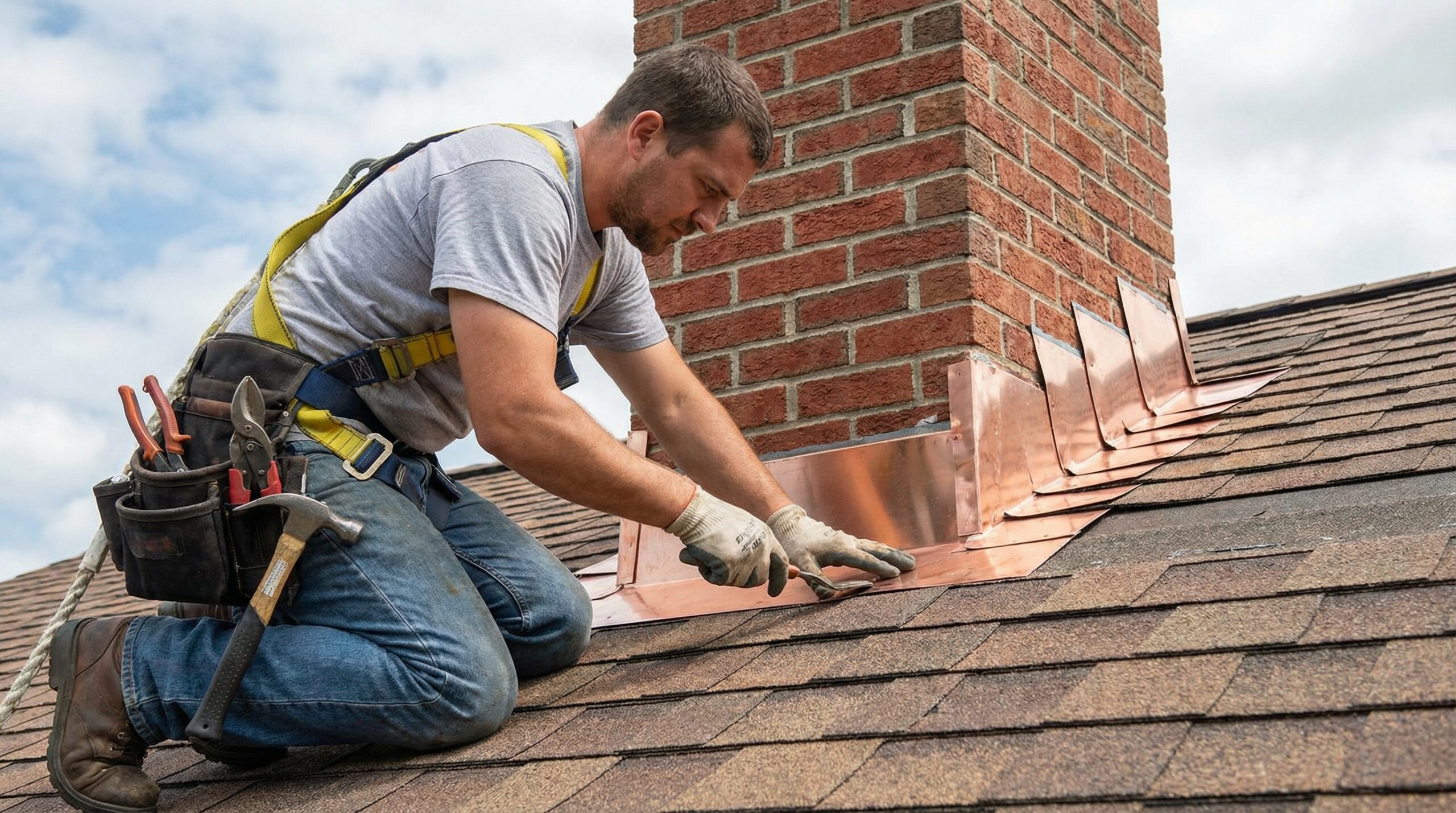 Professional installing new step flashing around chimney base with proper overlap technique