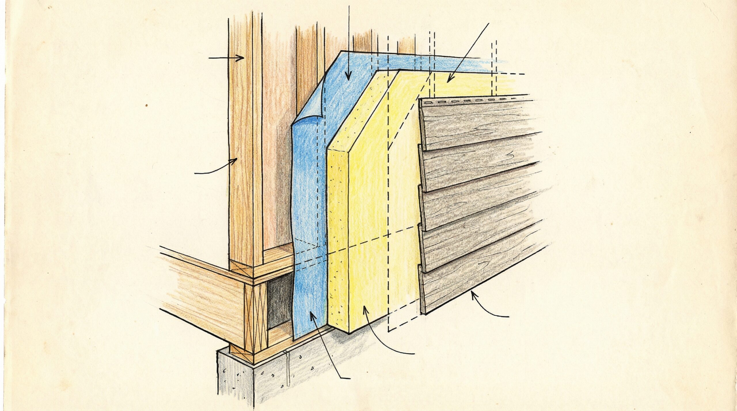 Cross-section diagram showing insulated siding layers with house wrap and insulation