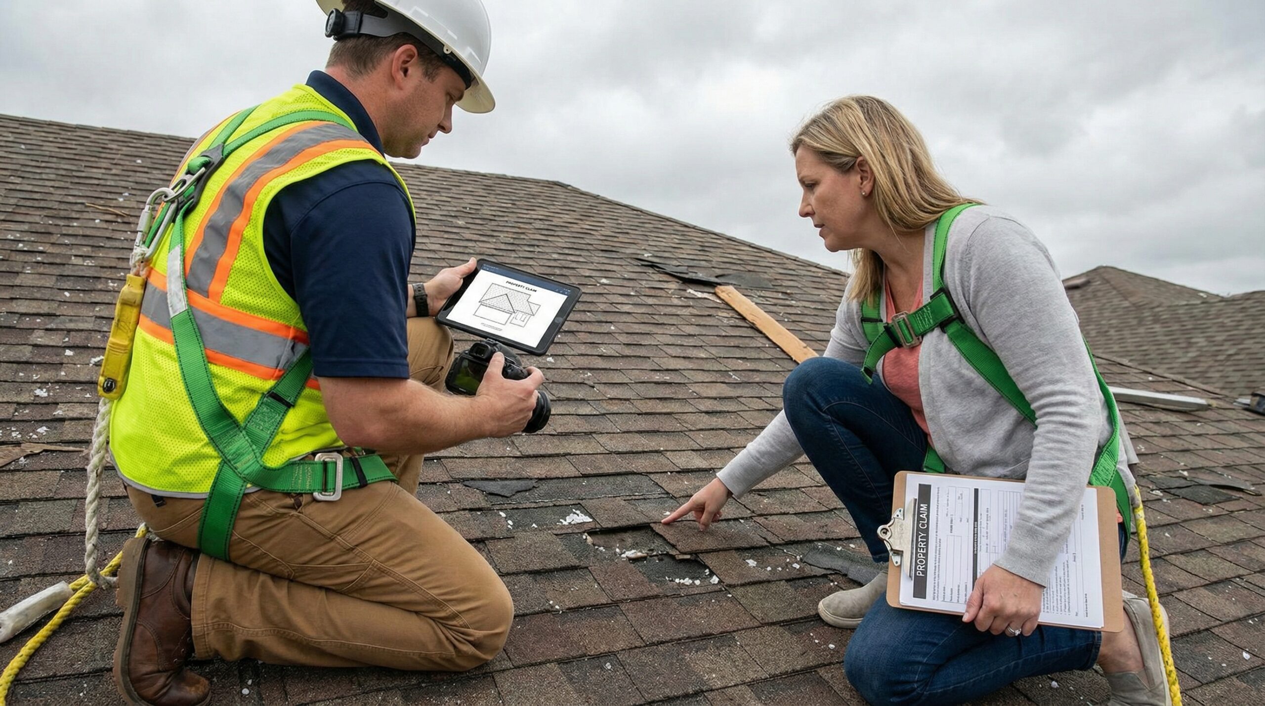 Insurance adjuster examining roof damage with homeowner, showing proper documentation techniques