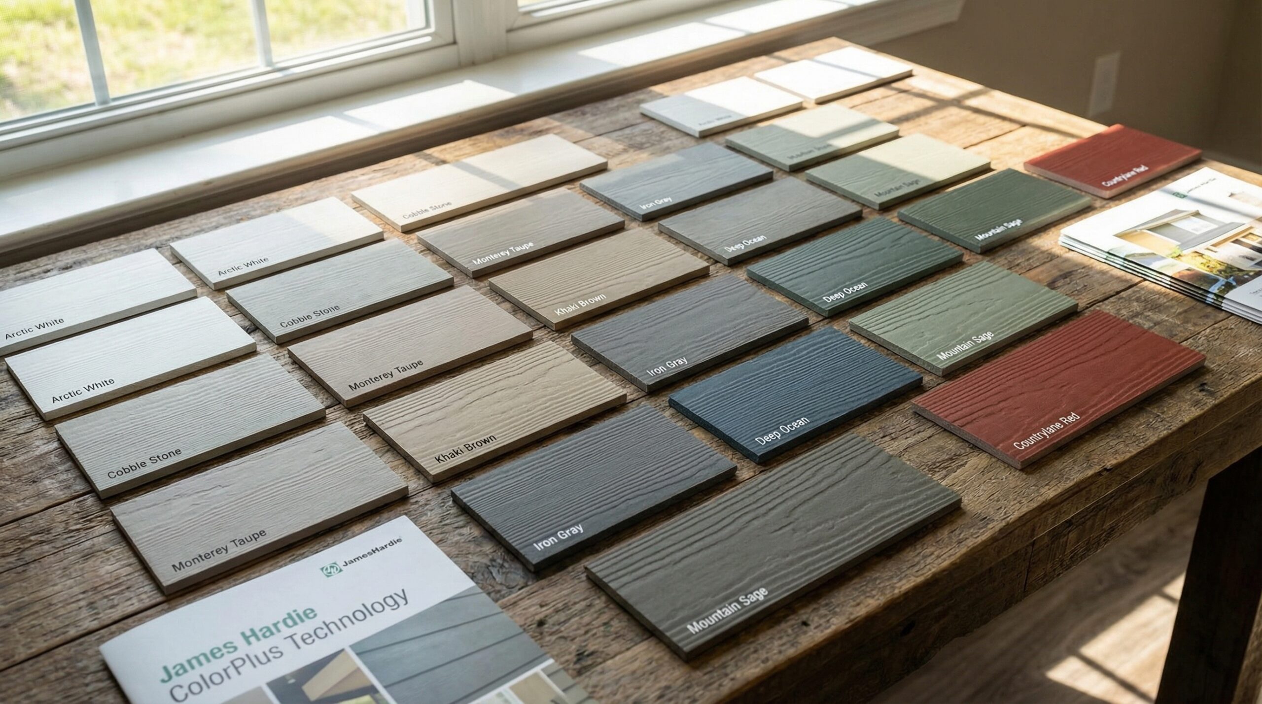 detailed color swatches showing james hardie colorplus technology samples with natural lighting