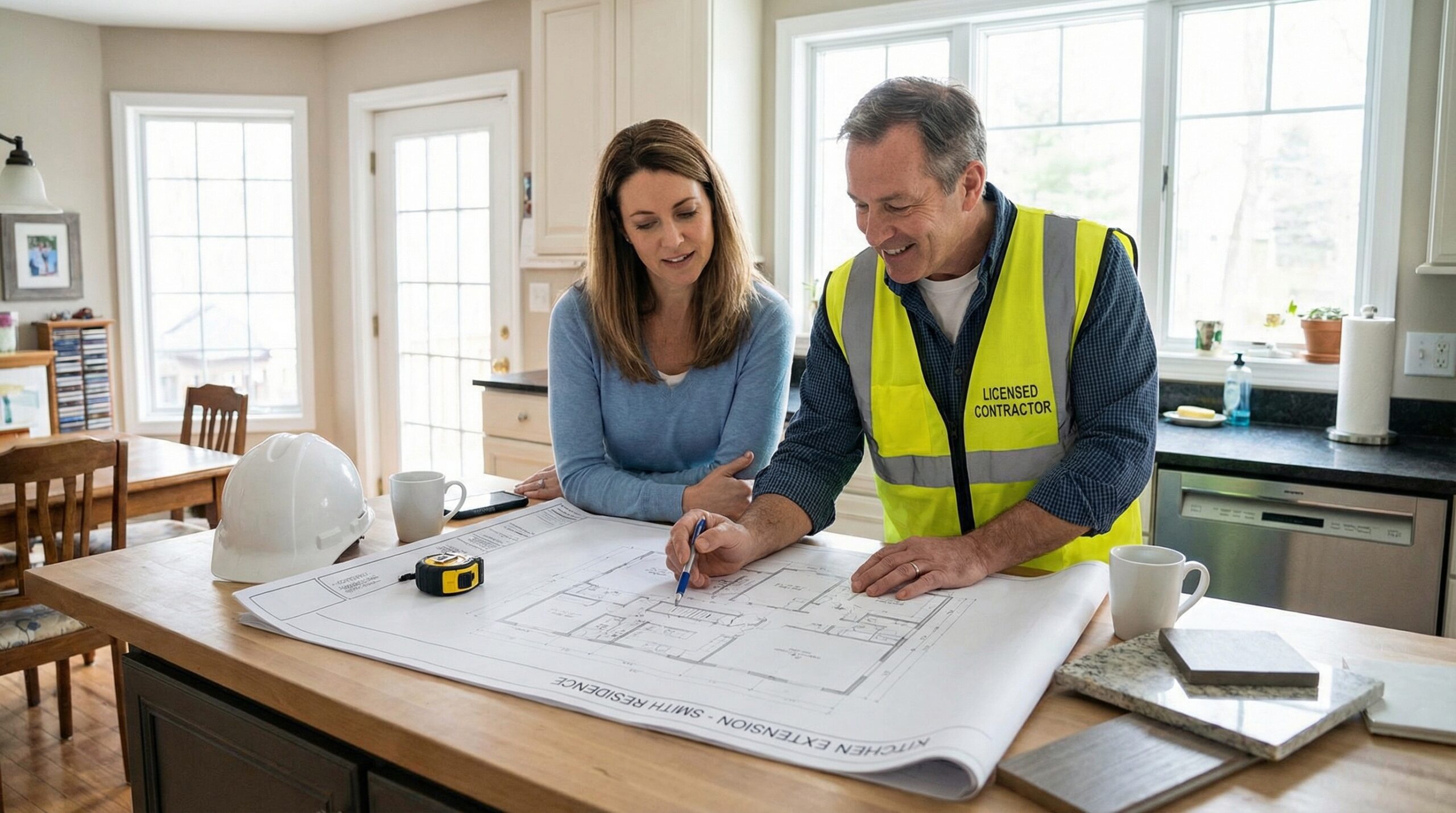 Licensed contractor reviewing building plans with homeowner