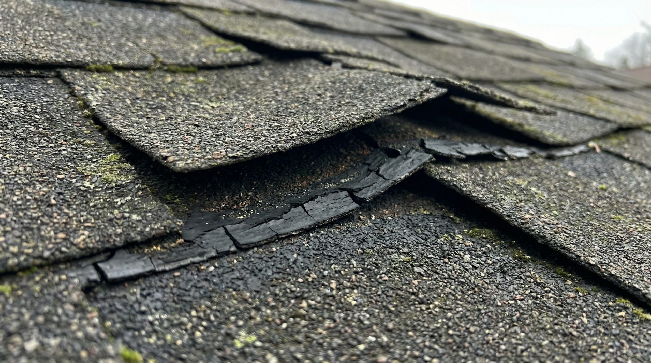 Close-up of lifted asphalt shingles showing broken seal strips on a Rocky River home
