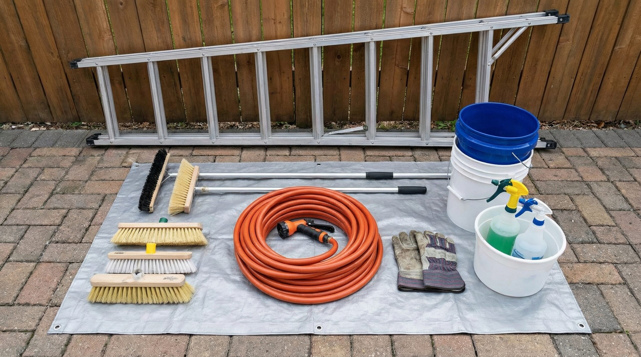 Metal roof cleaning tools laid out including brushes, hose, and safety equipment