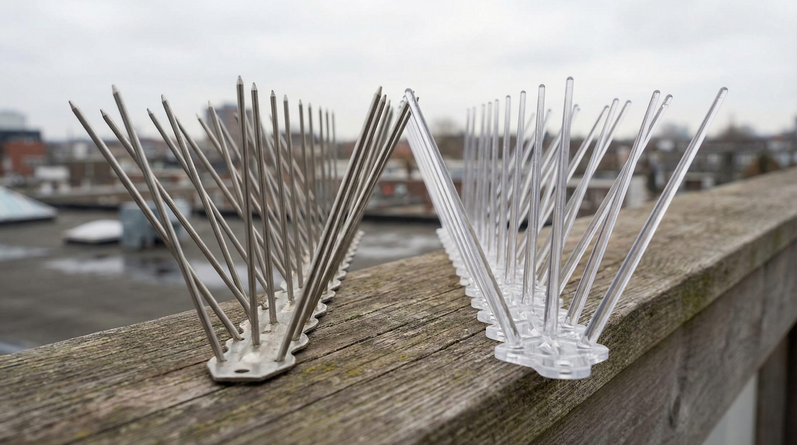 Close-up comparison of metal and plastic bird spikes showing different materials