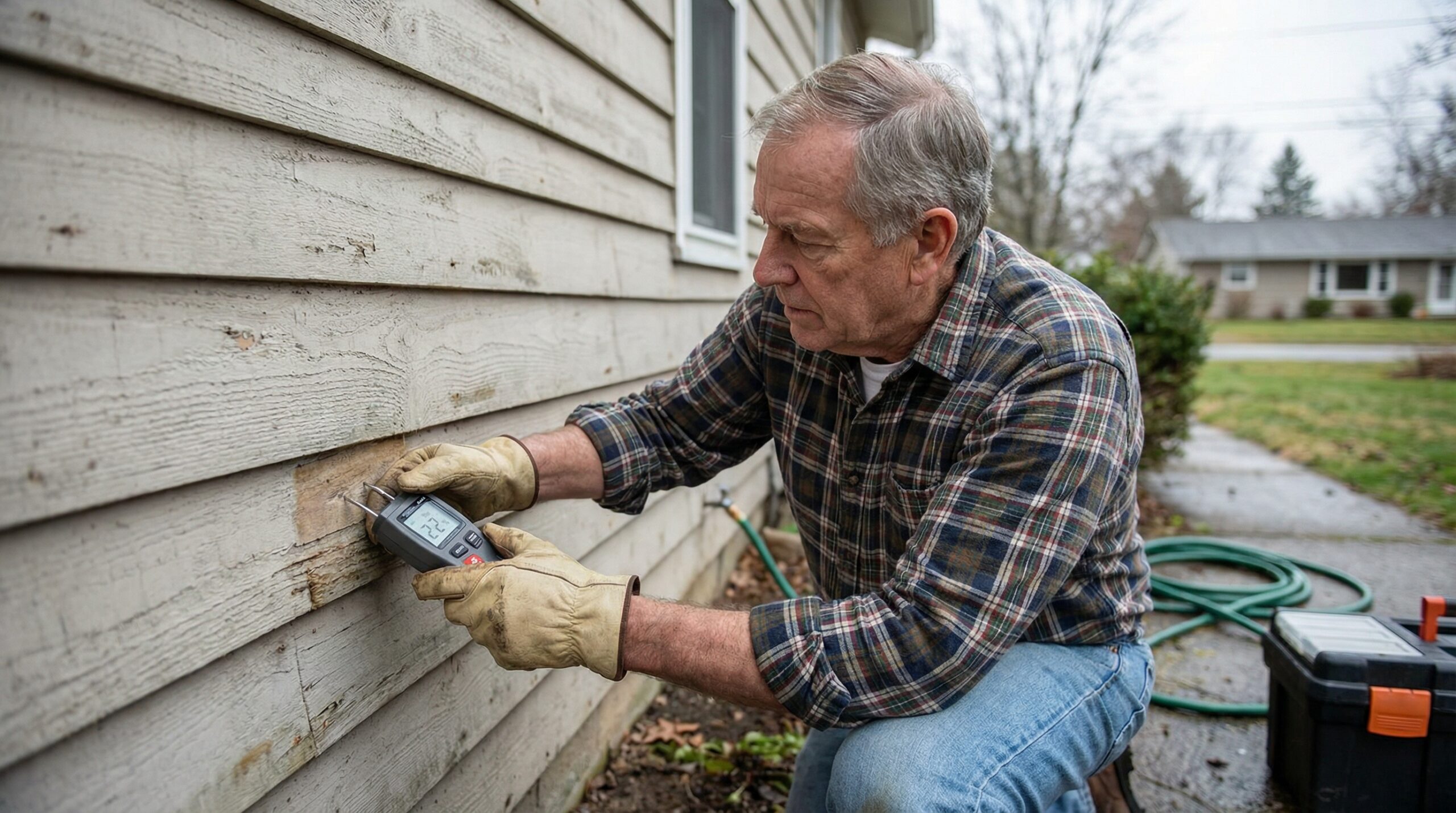 Homeowner using moisture meter to test siding for hidden water damage