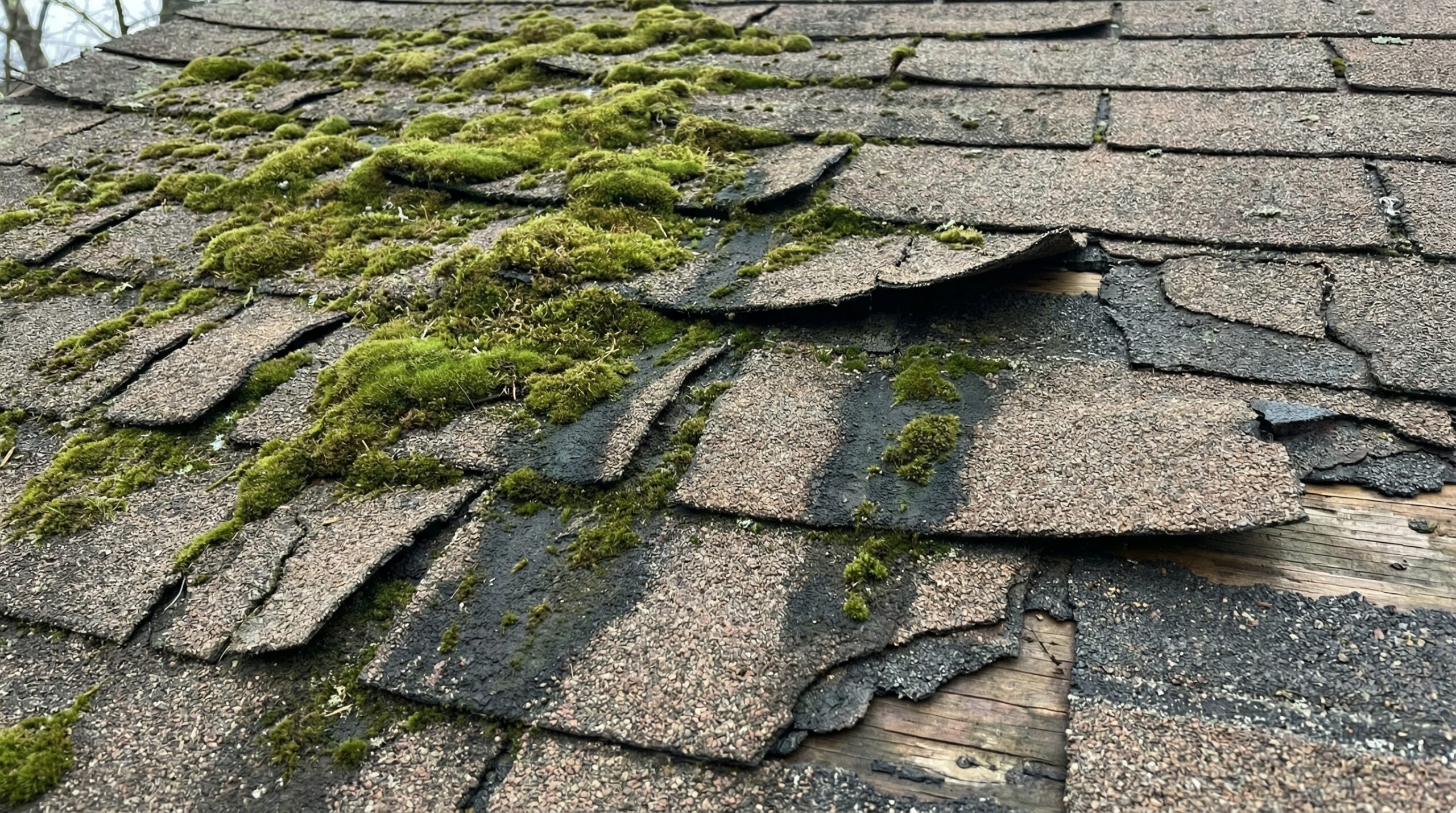 Close-up view of moss-covered asphalt shingles on Deptford home showing deterioration and moisture damage before replacement