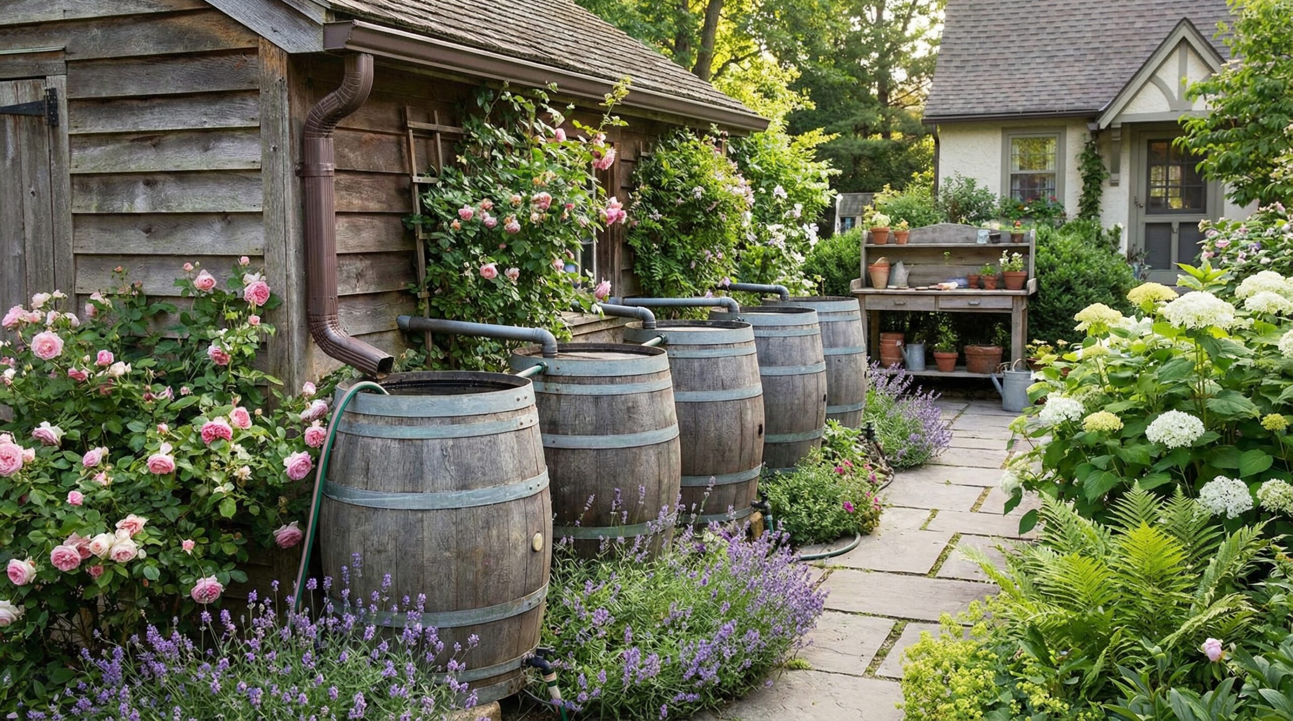 Multiple rain barrels connected together in a garden setting