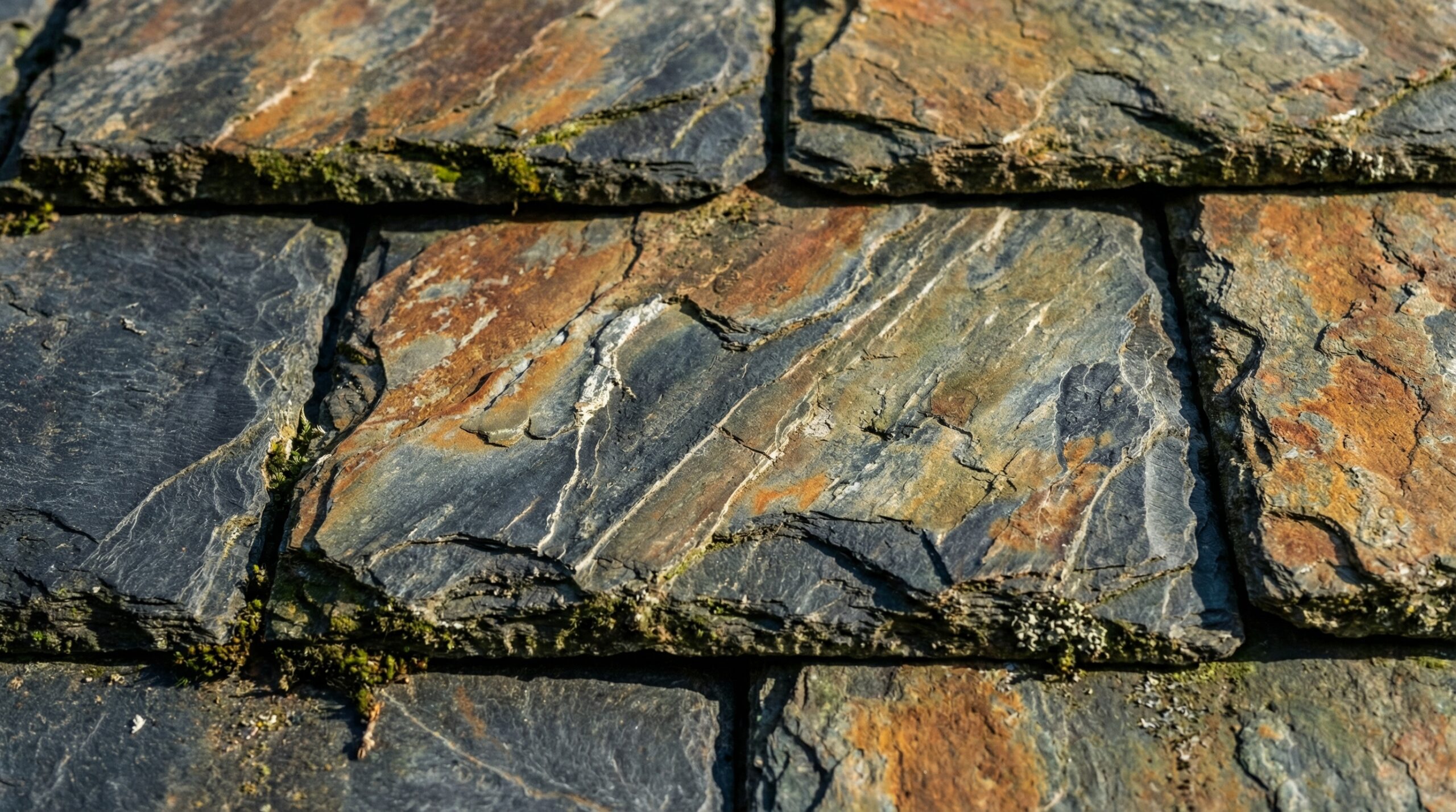 close-up view of natural slate tiles showing authentic stone texture and natural color variations