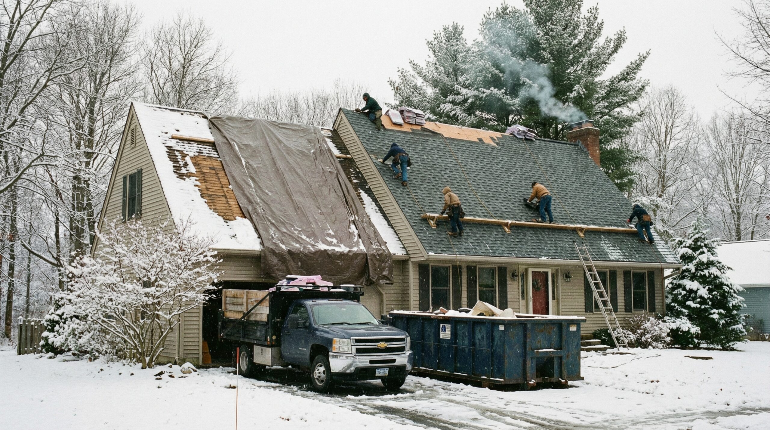 Before and after comparison showing winter roof installation protecting home interior