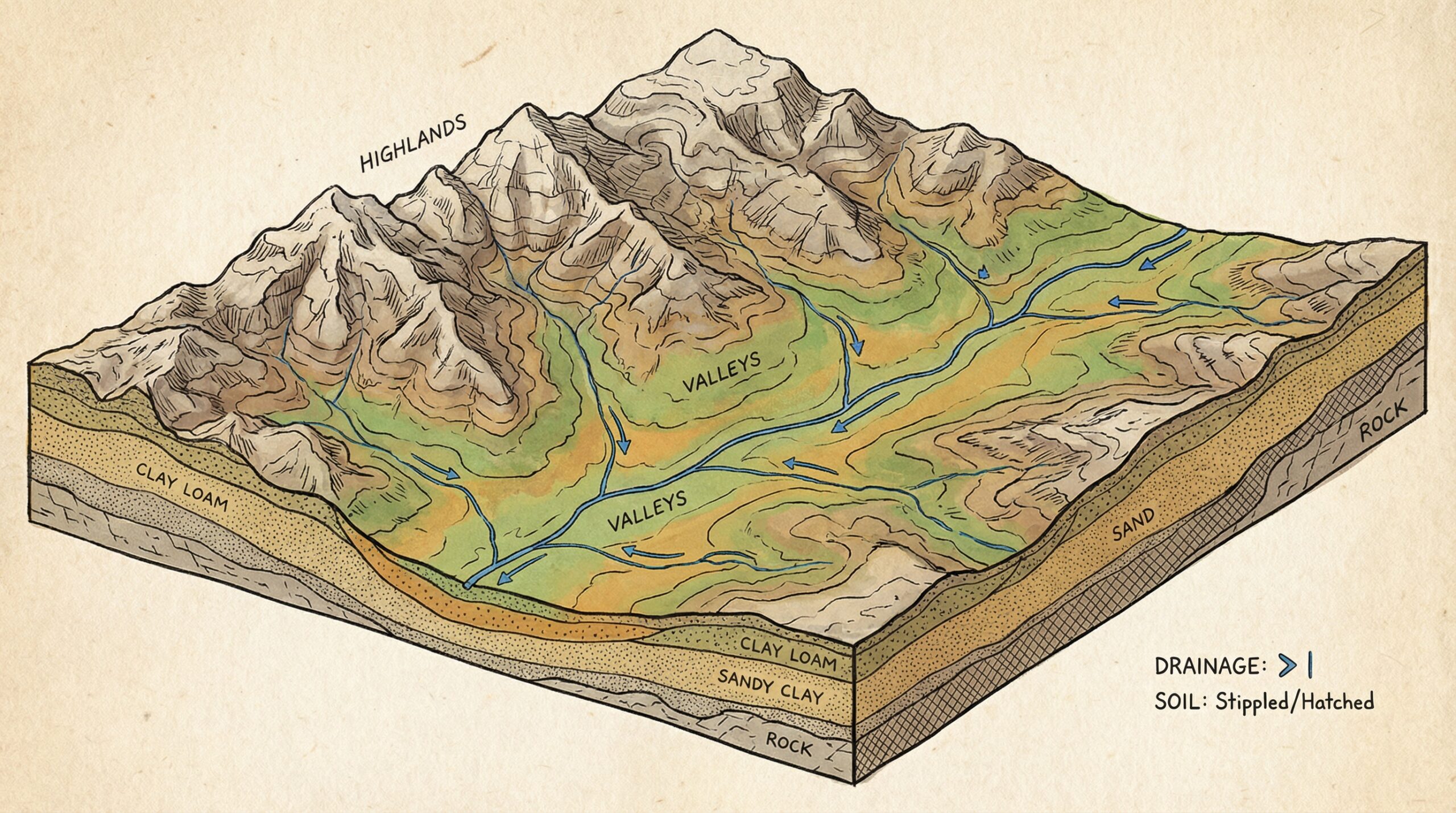 Oaklyn terrain map showing highland and valley drainage zones with soil composition differences