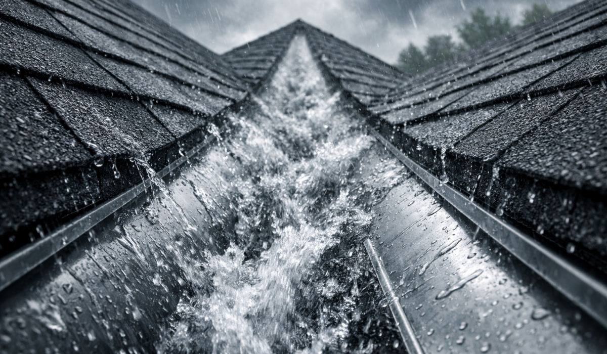 Visualization of an open roof valley during rain