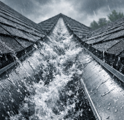 Visualization of an open roof valley during rain