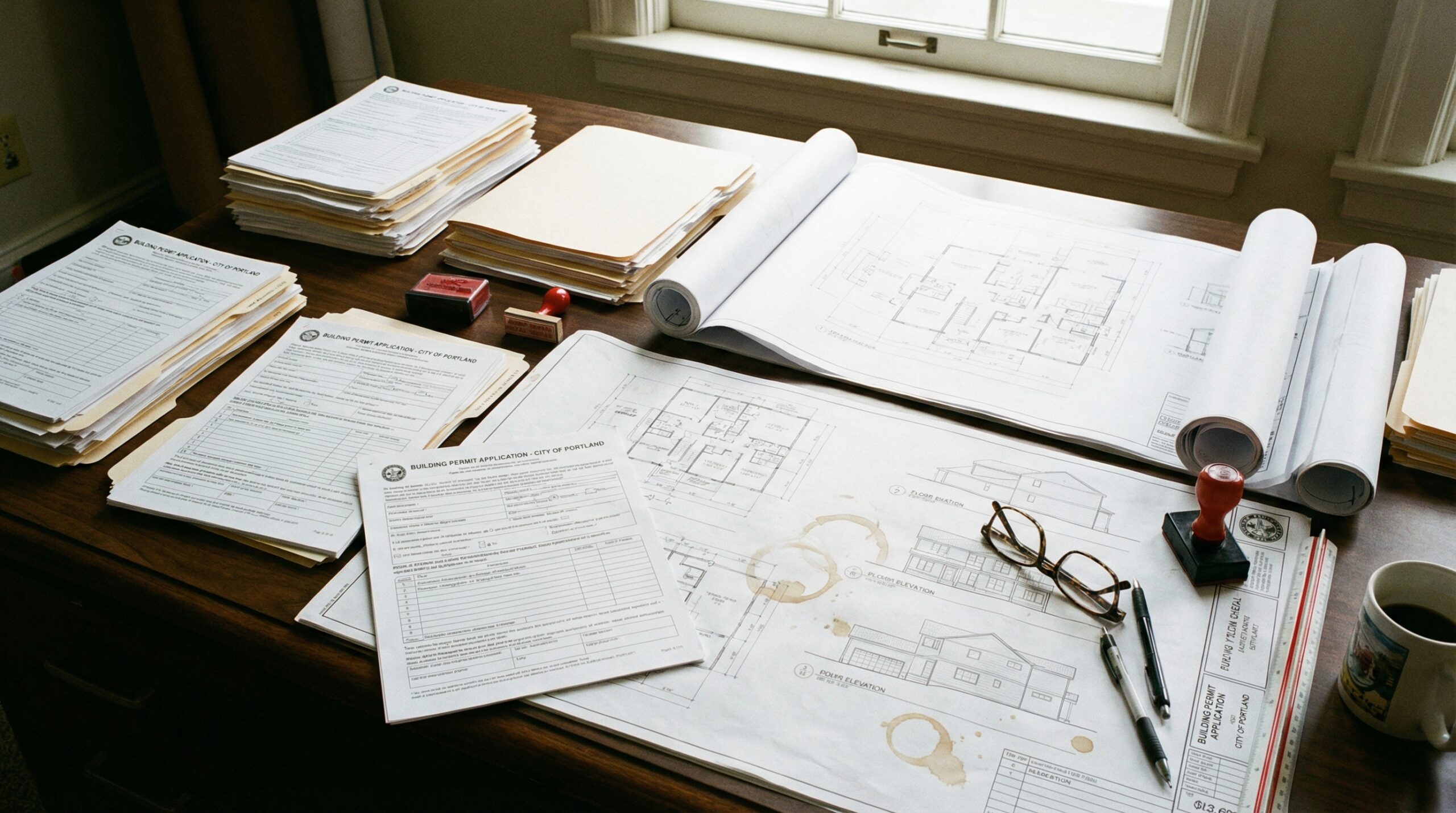 Permit application documents and blueprints laid out on desk