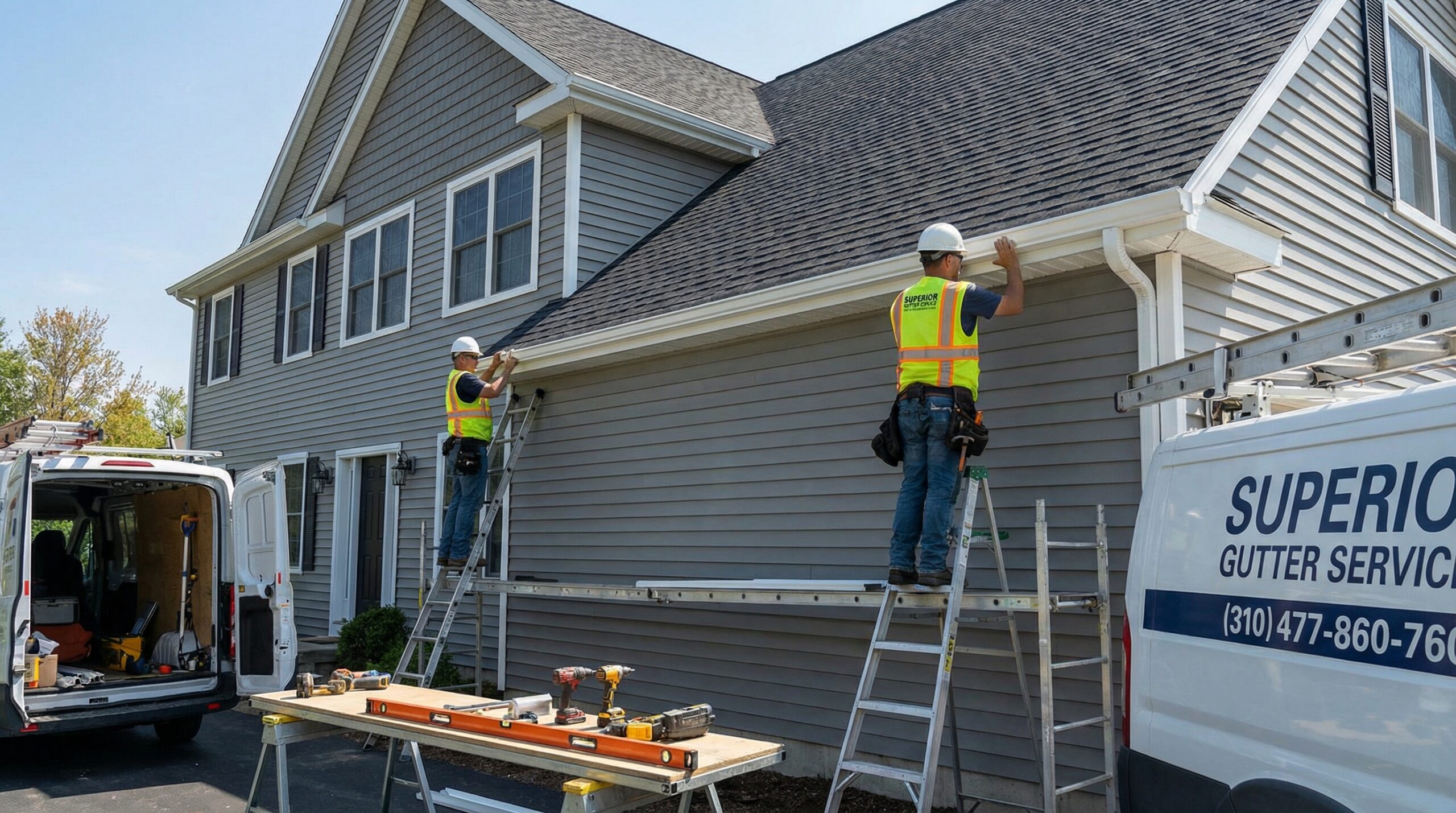 Professional contractors installing new seamless gutters on residential home in Media PA