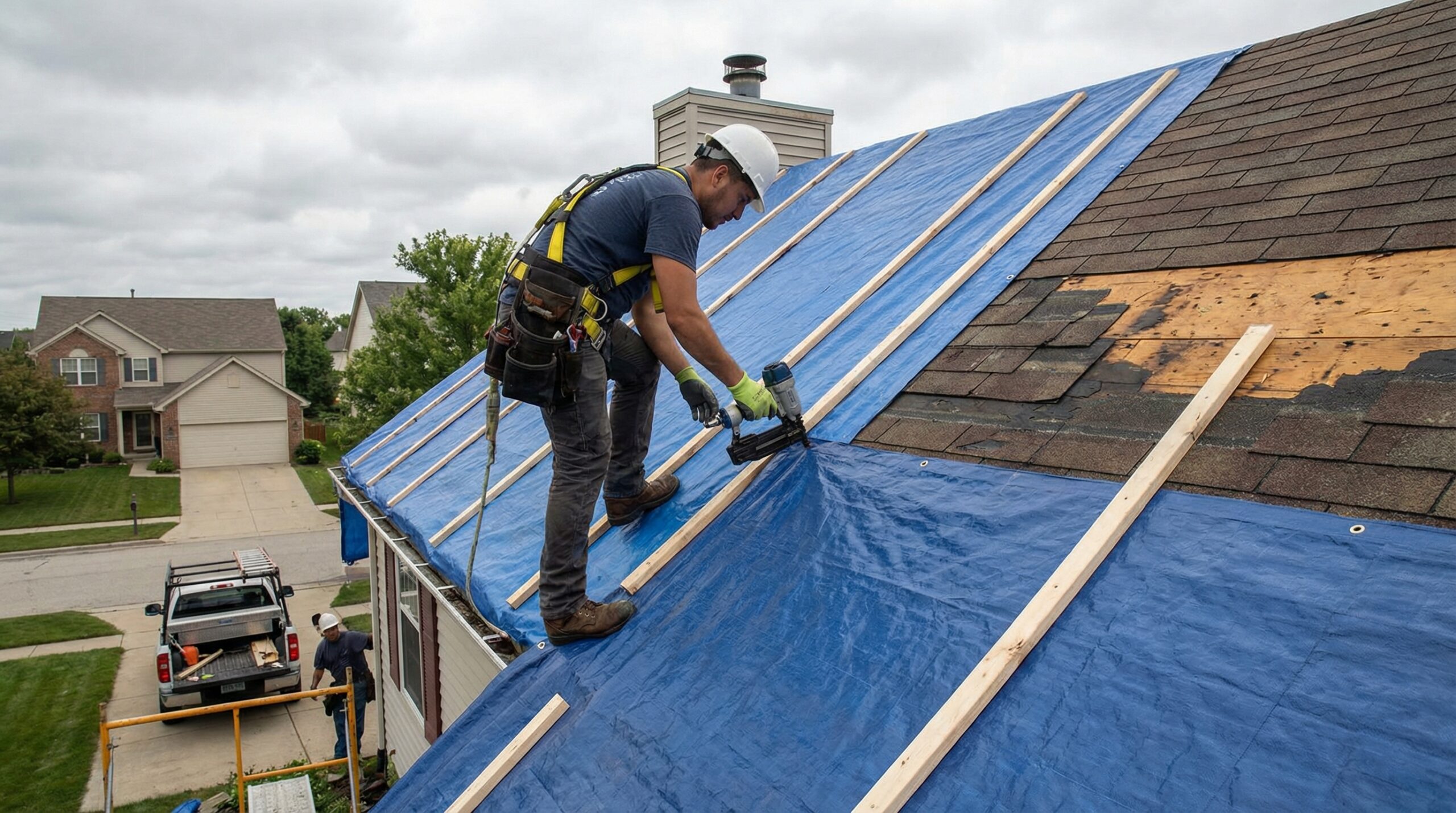 Professional roofer installing blue tarp on storm damaged Austin roof