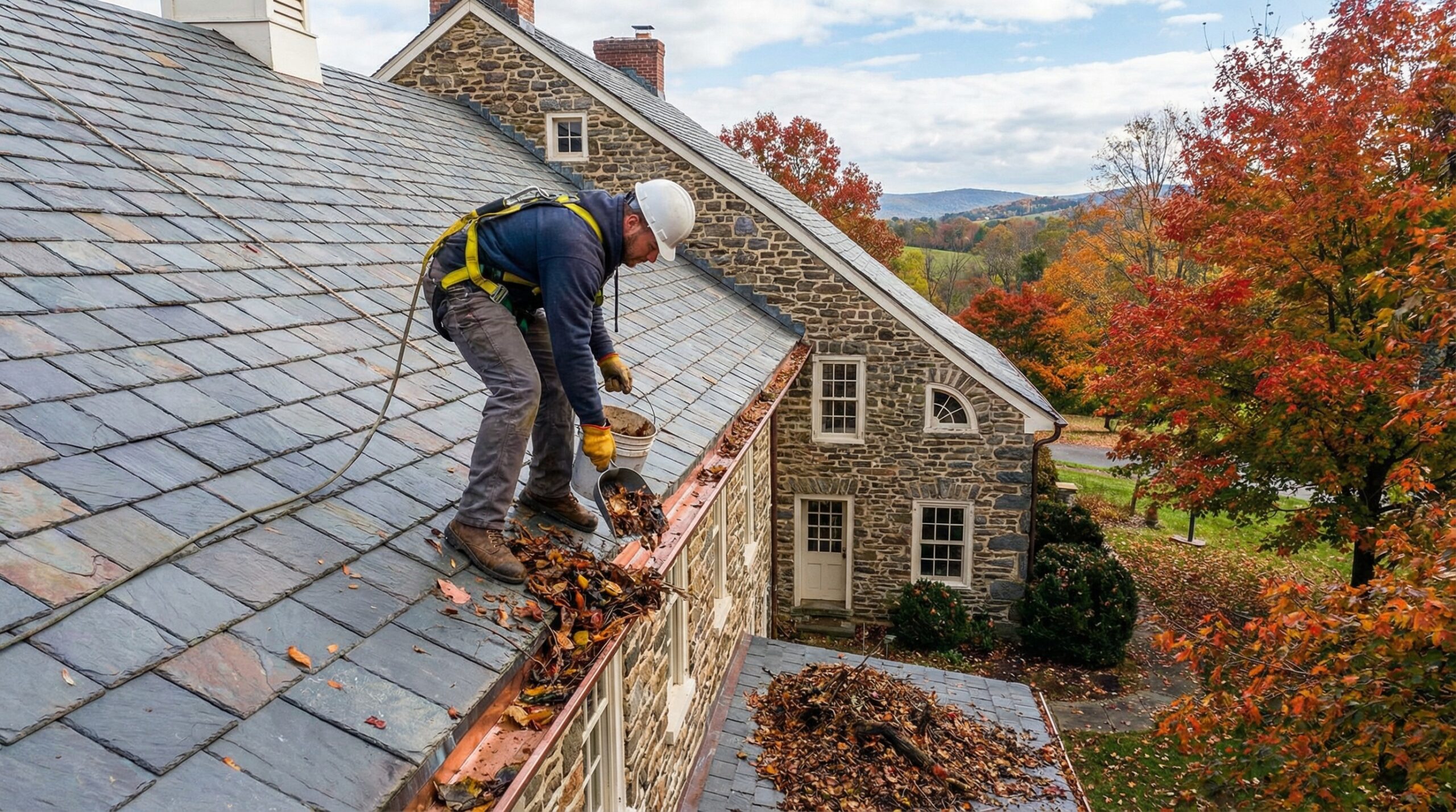 Professional roofer cleaning gutters and removing fall debris from Rocky River home