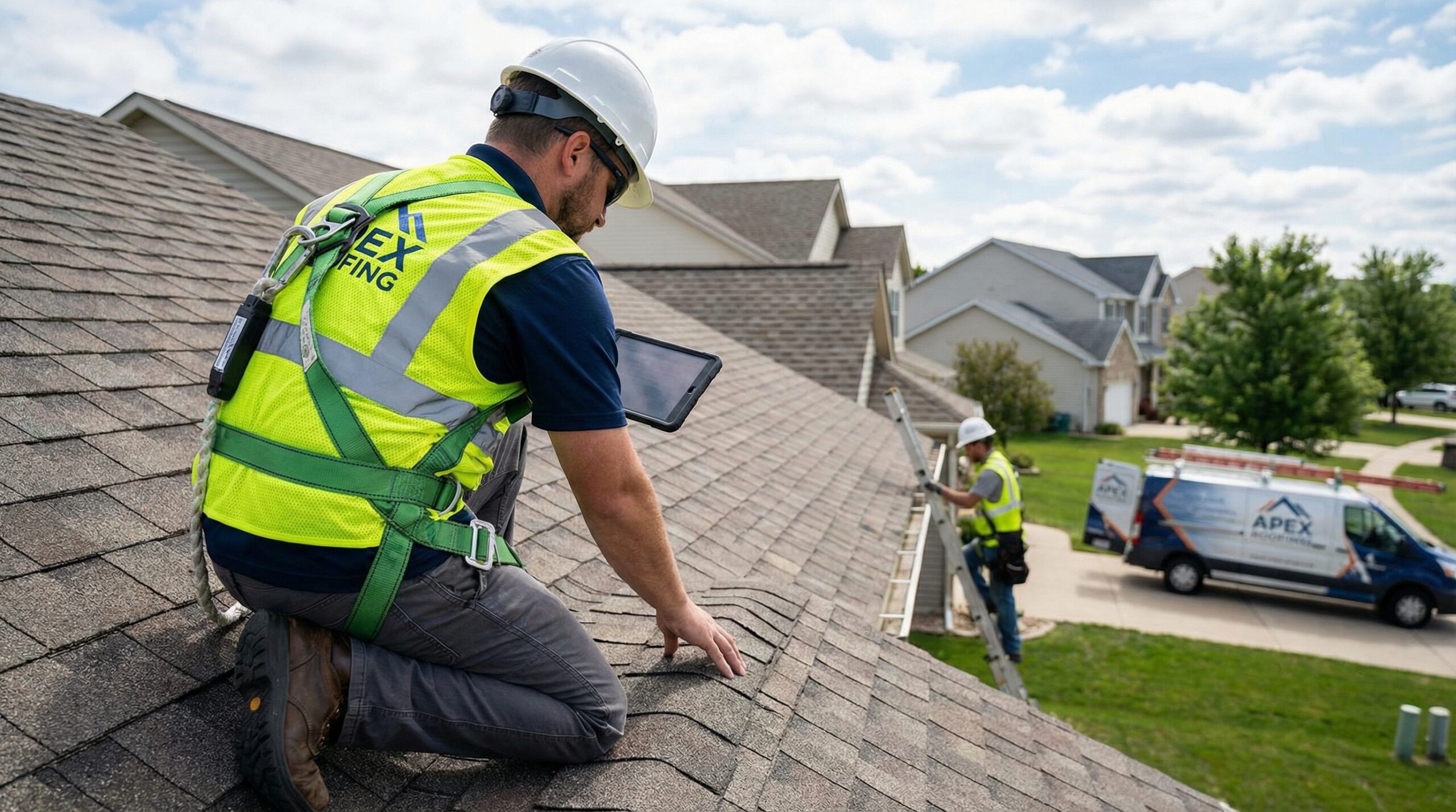 Professional roofer inspecting a Chicago home roof