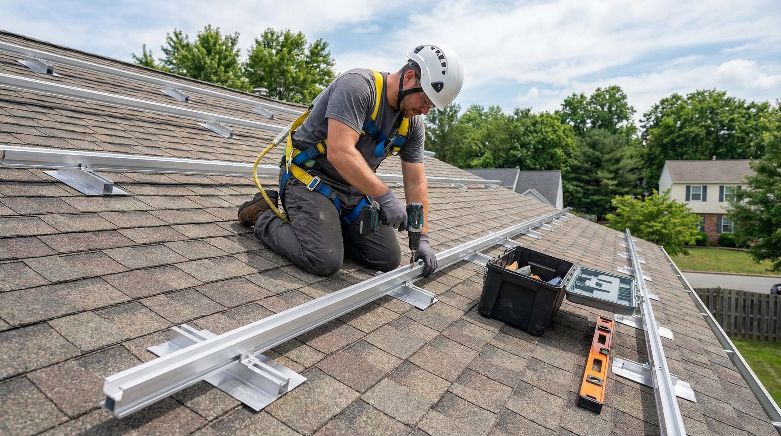 Peak and Valley Roofing team installing solar panel mounting system on a Cleveland home