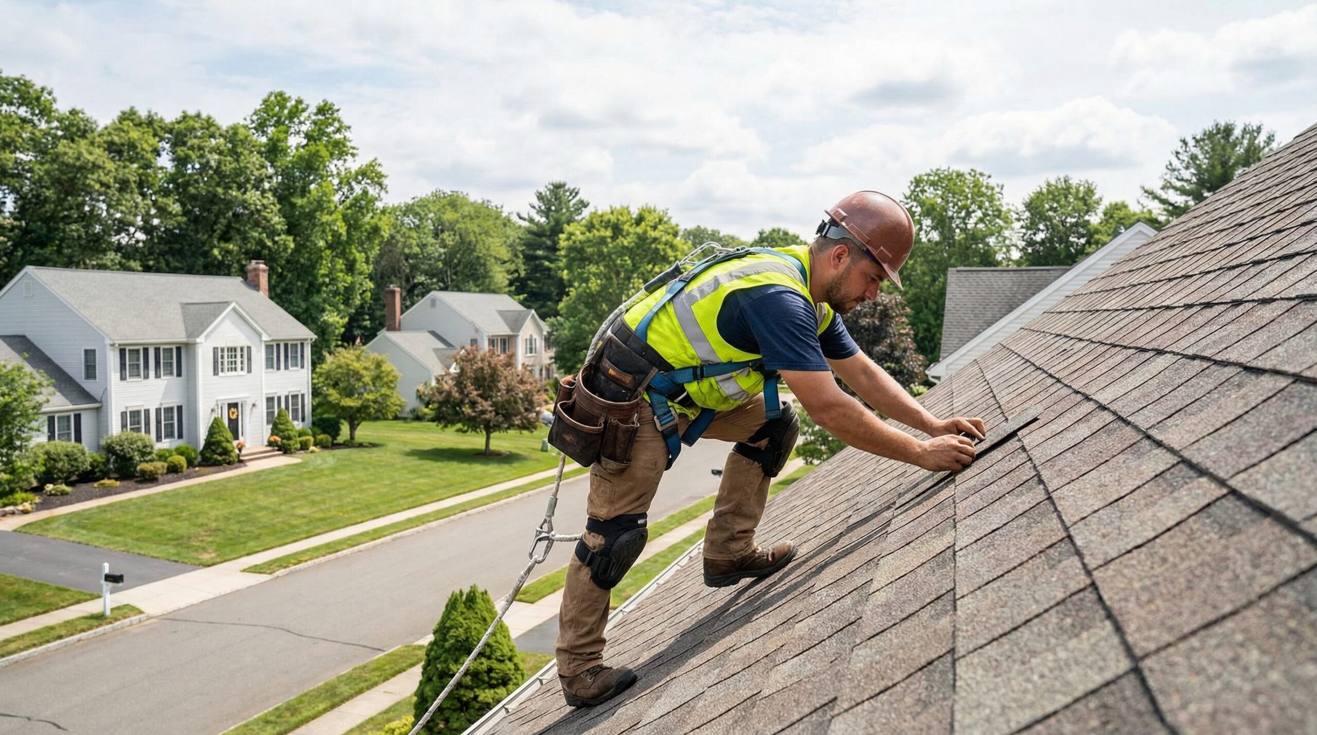 Professional roofer working safely on Rocky River home