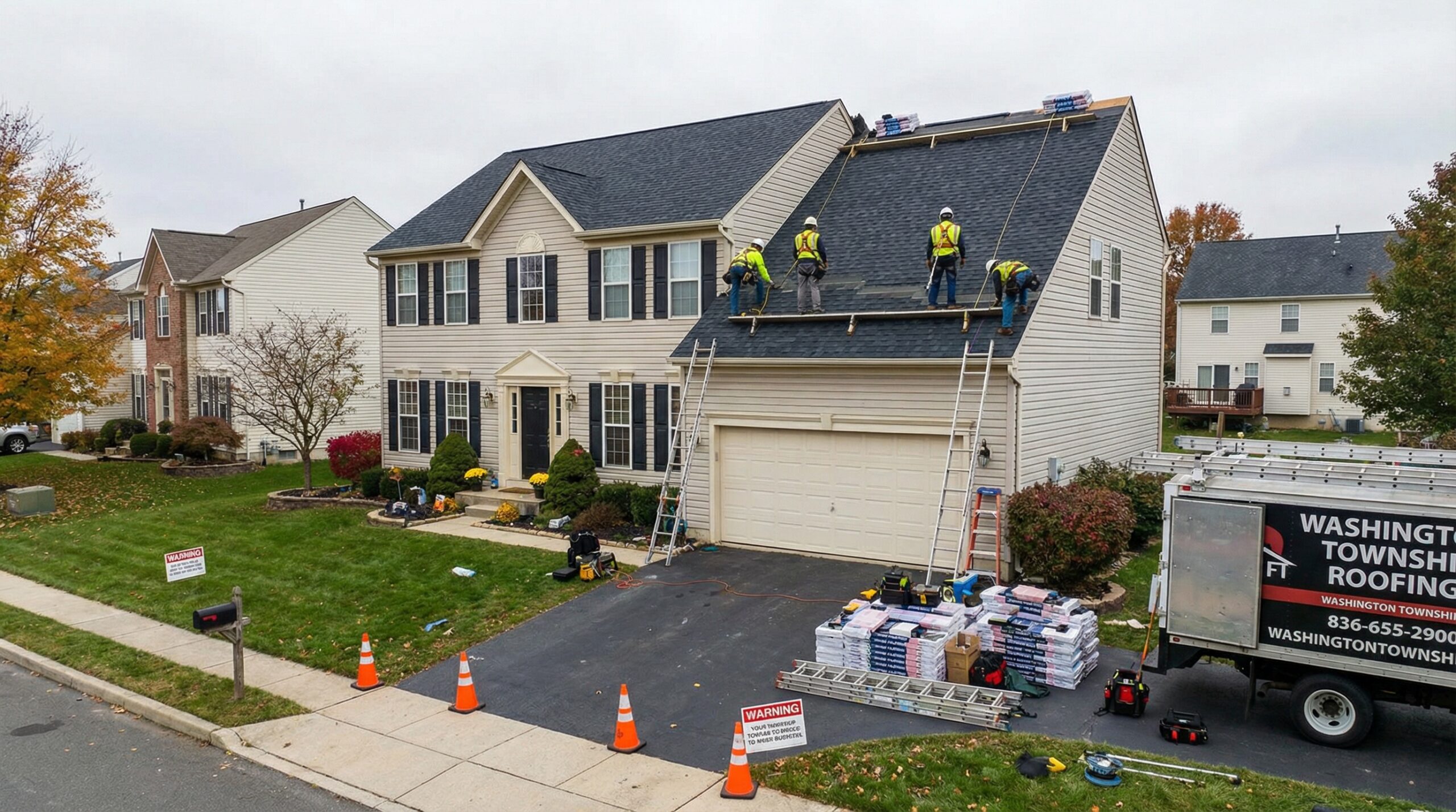 Professional roofing crew installing new shingles on a Rocky River home with proper safety equipment and materials staged nearby