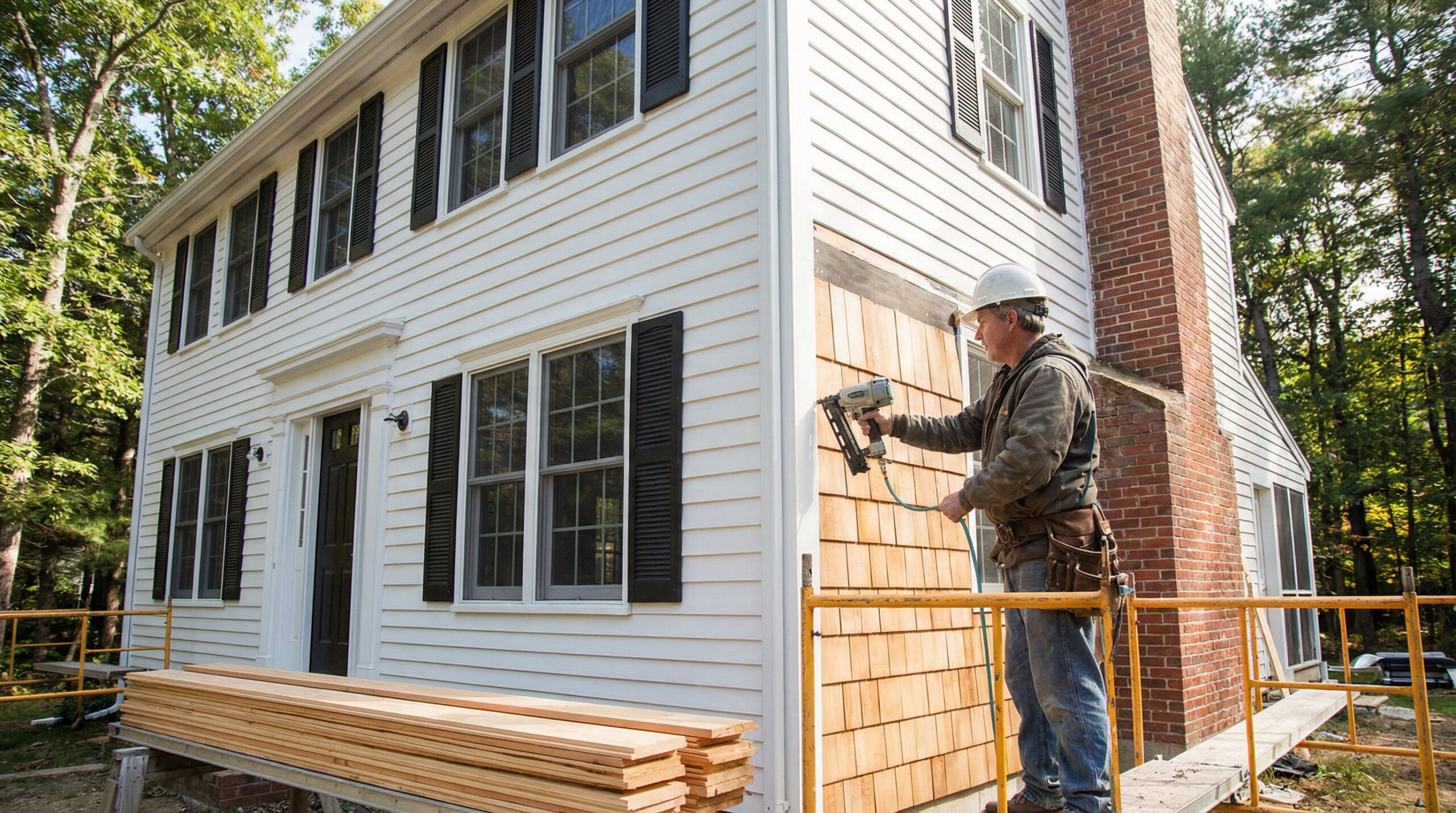 Professional installing wood siding on colonial home