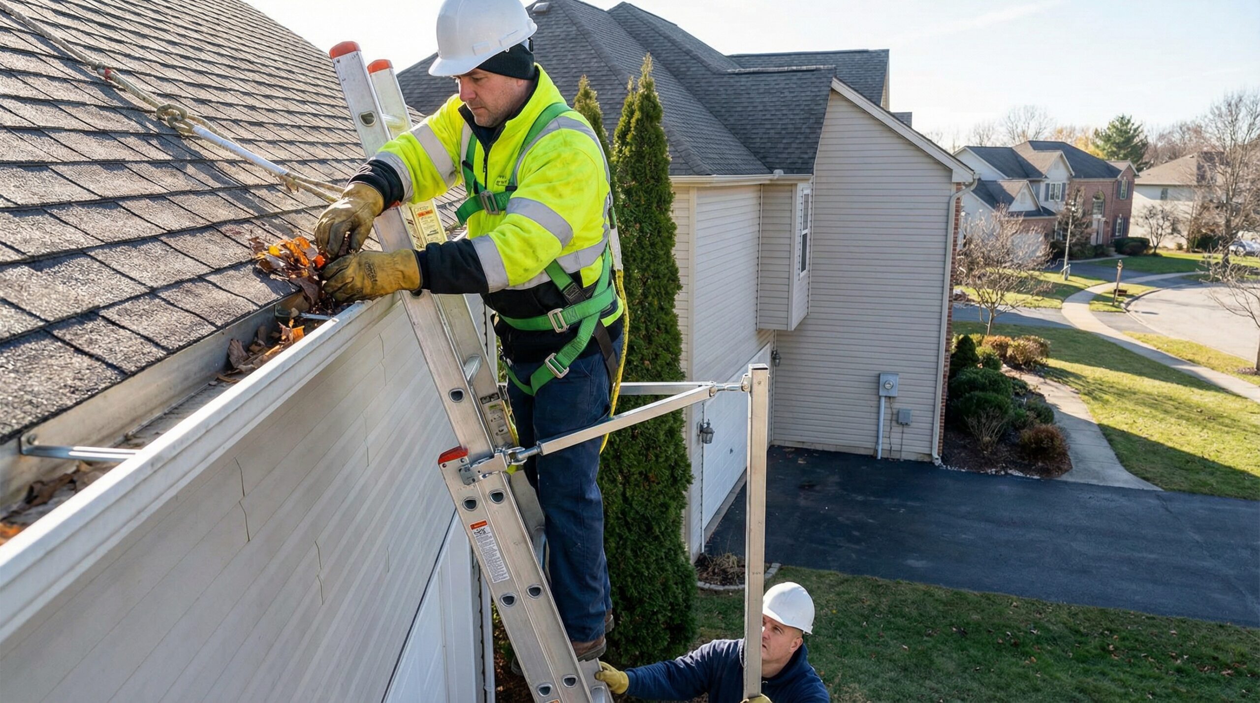 Professional safely cleaning gutters with proper ladder setup